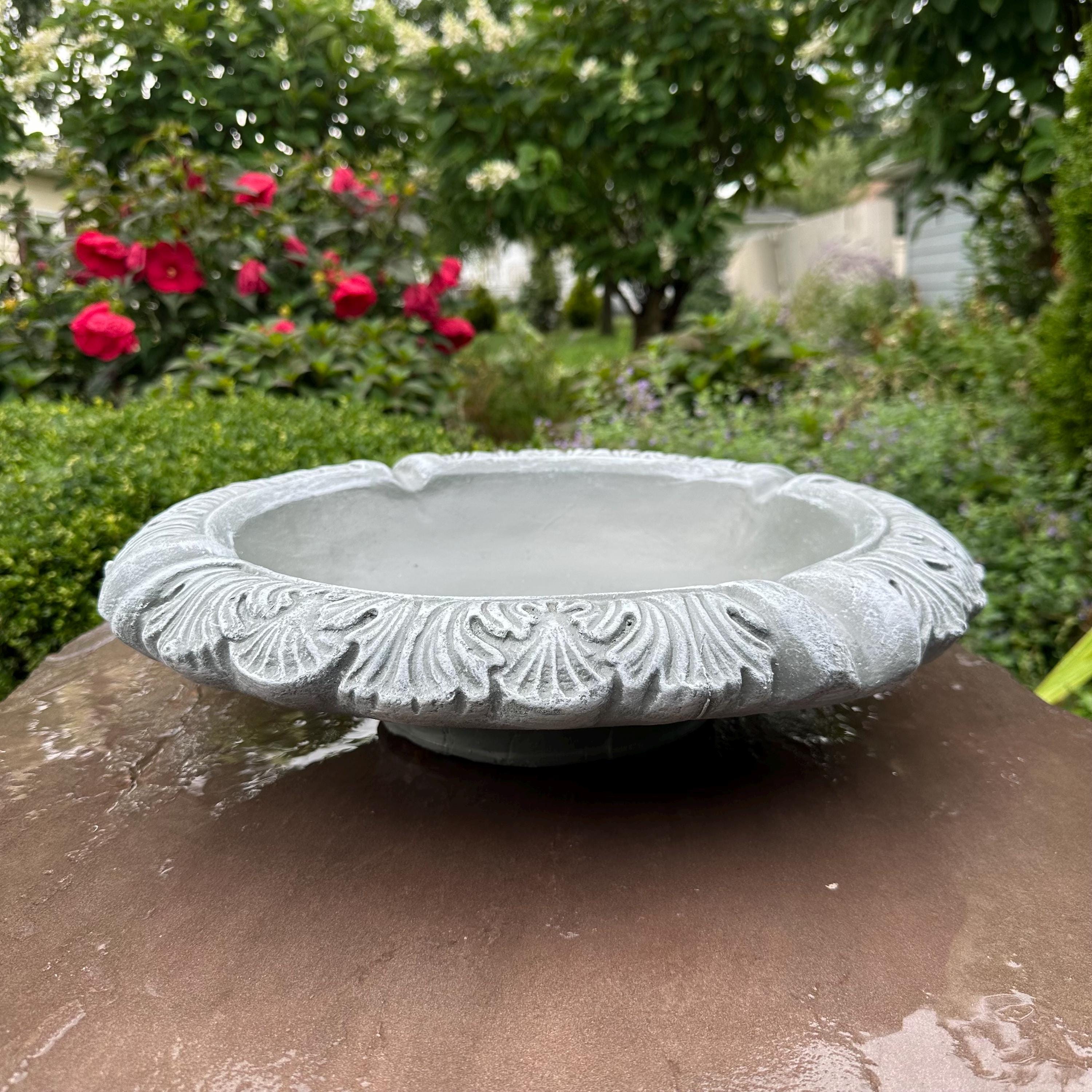 Concrete Fountain Bowl Top: 19" Leafy Garden Water Feature, Painted Cement Topper