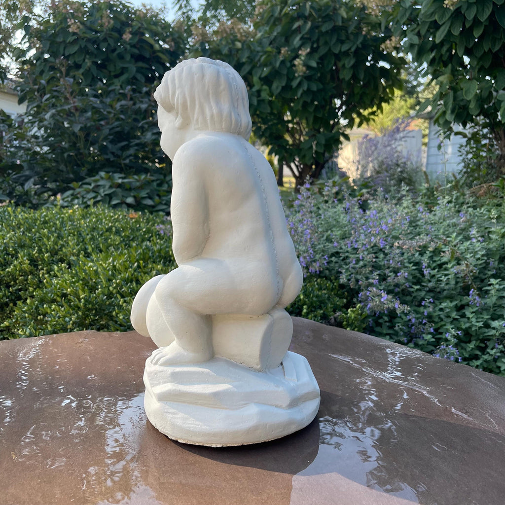 Concrete Boy on Jar Fountain Spitter 15" Outdoor Garden Statue Pond Spout Water Featureq