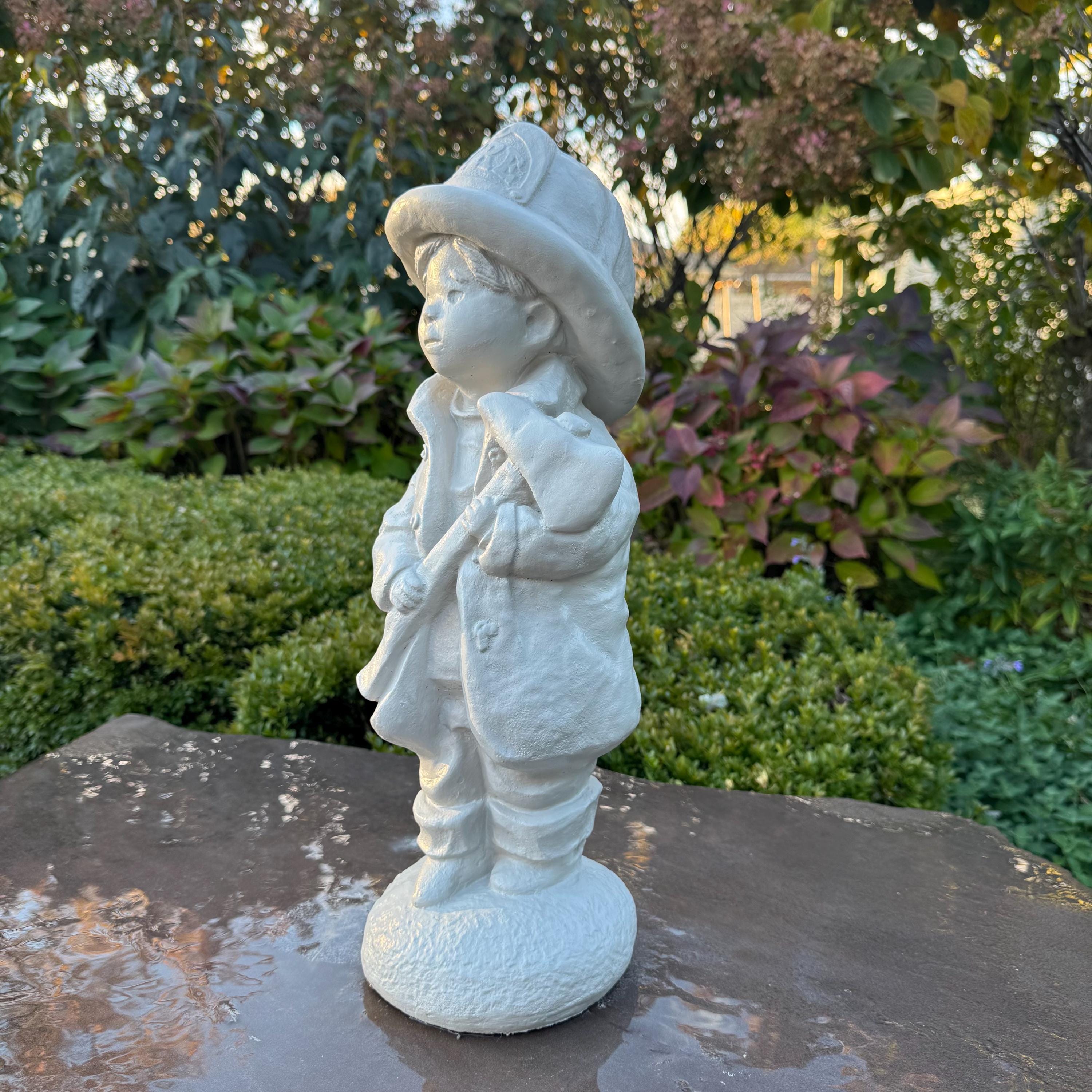 Firefighter Gift: 18" Outdoor Concrete First Responder Fireman Boy Garden Statue Yard Art Sculpture