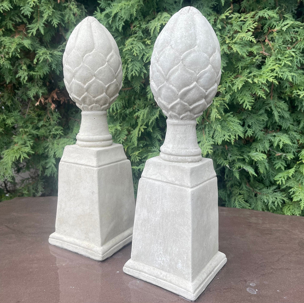 Artichoke Finial Statues Set of 2: 14" Concrete Garden Sculptures for Yard Decor & Landscaping