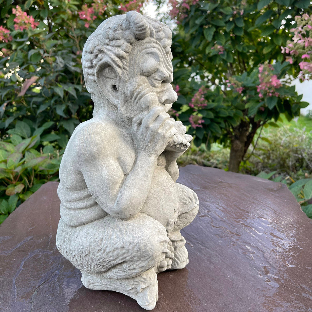 Concrete Pan Garden Statue 14 inch Mythical Satyr Sculpture Flute Player Yard Art Greek Mythology Lawn Ornament