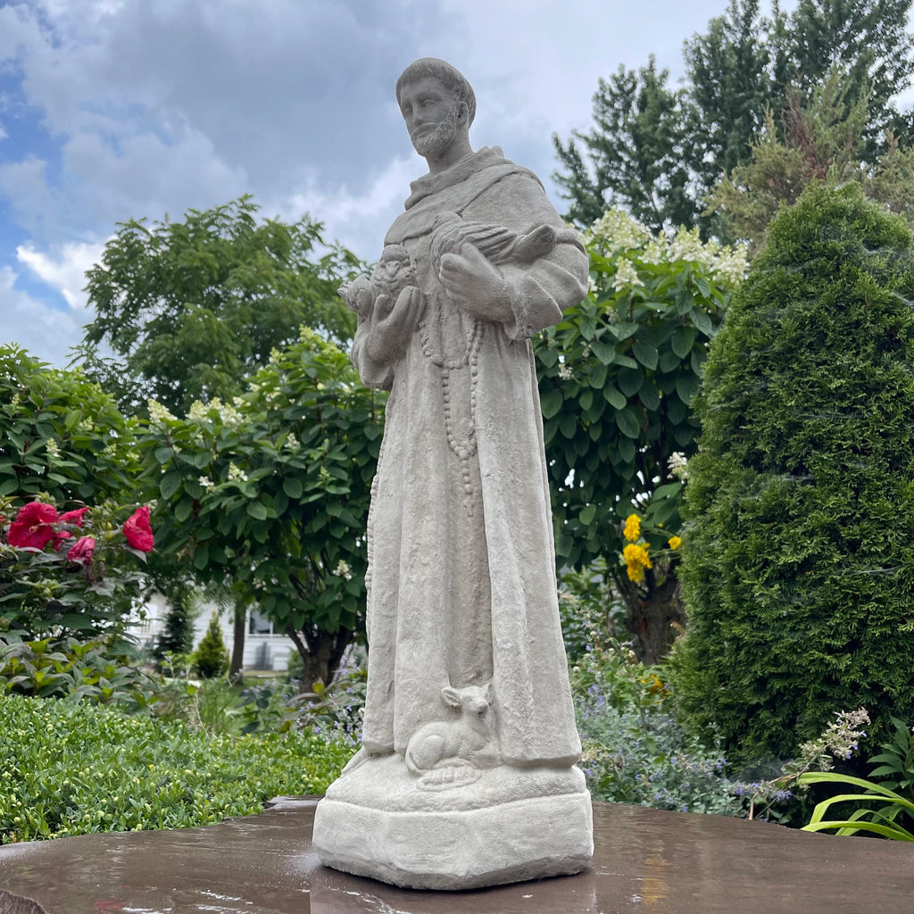 Concrete Saint Francis Statue with Birds 27" Catholic Garden Sculpture Assisi Yard Art Religious Decor