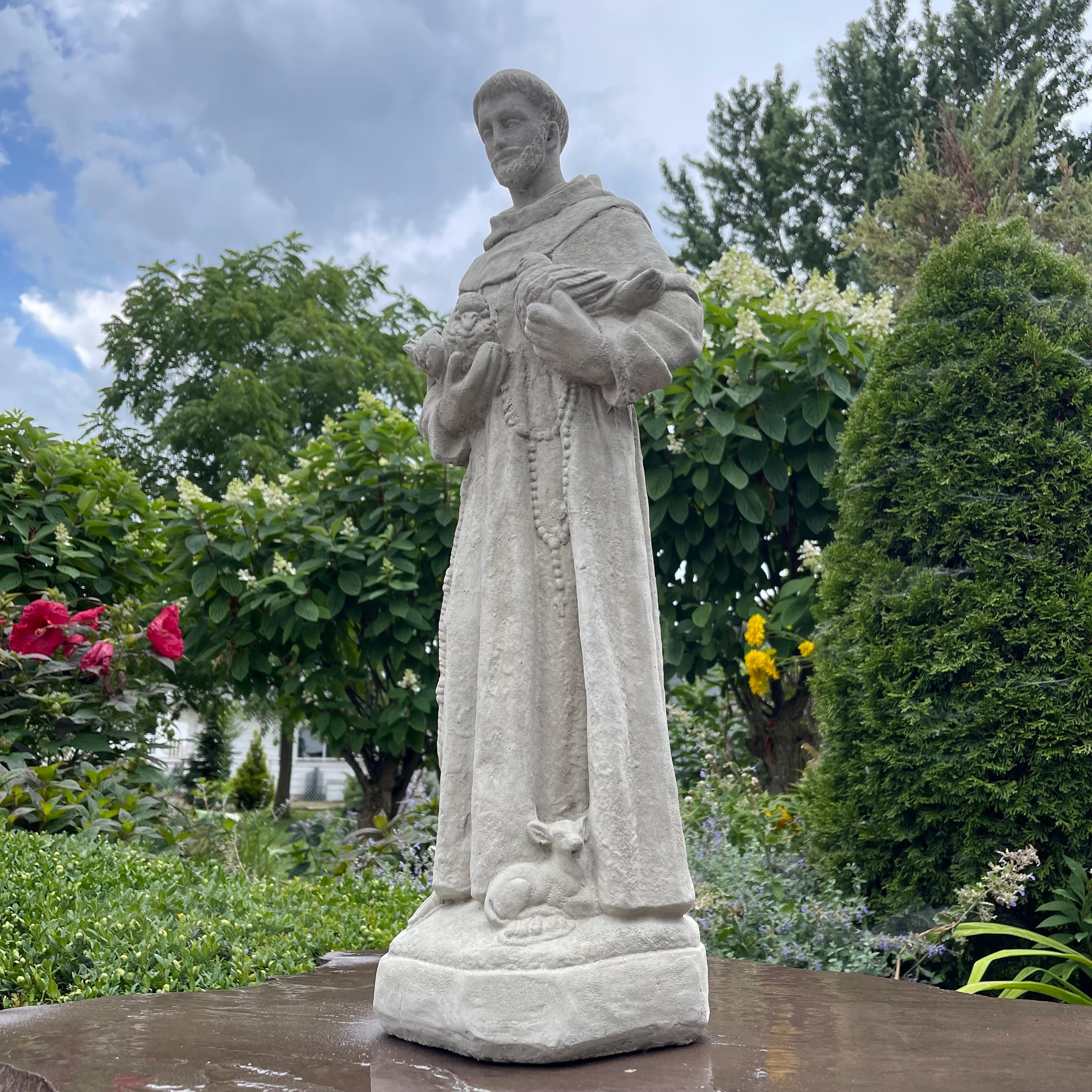 Concrete Saint Francis Statue with Birds 27" Catholic Garden Sculpture Assisi Yard Art Religious Decor