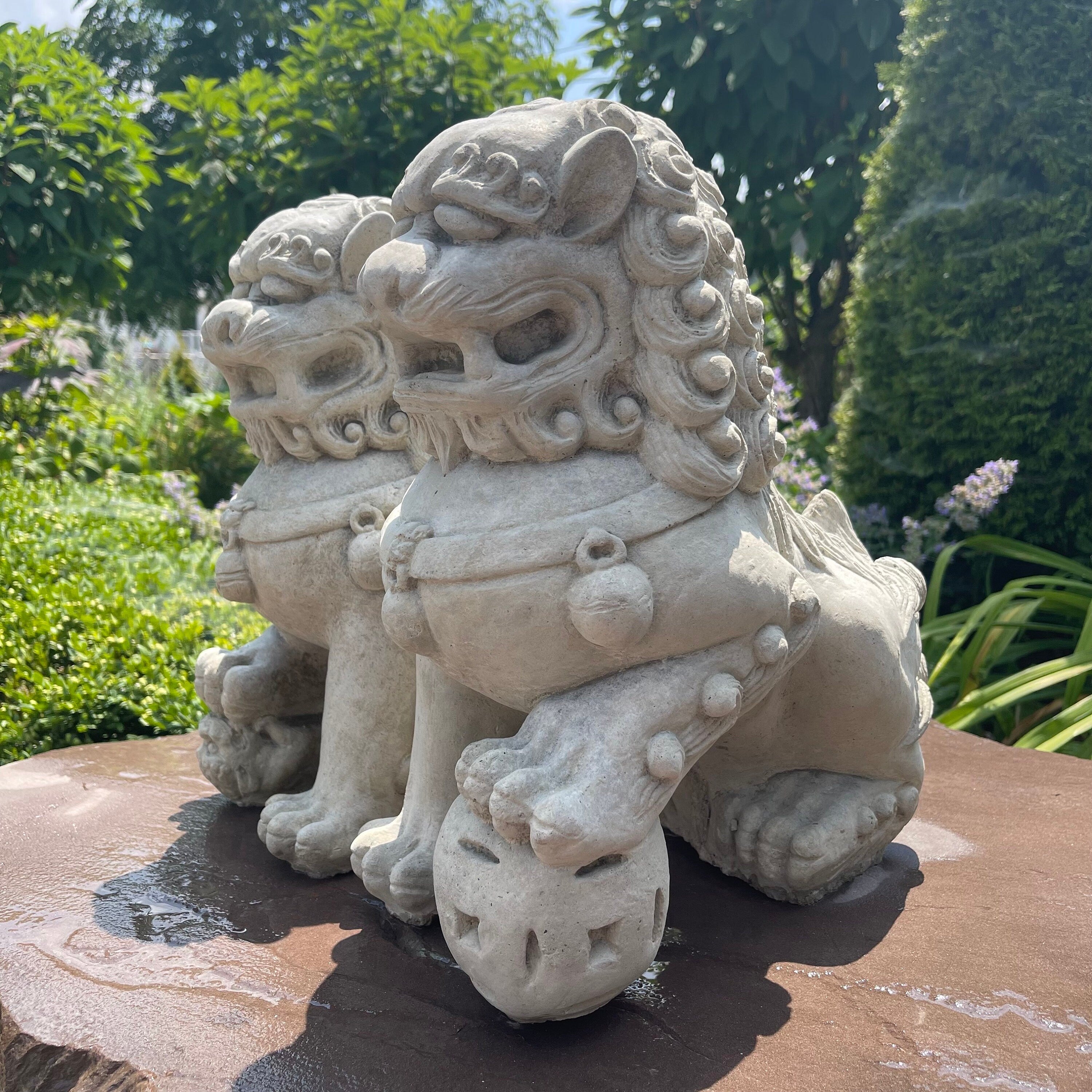 Concrete Foo Dog Statue Pair 14" Male Female Feng Shui Garden Guardians Outdoor Yard Protection Decor