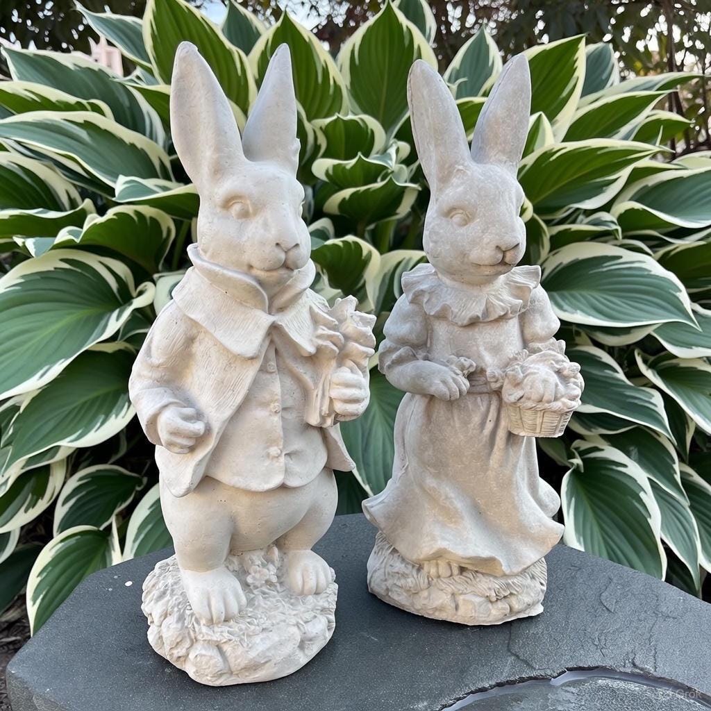 Large Lily Bobtail & Peter Rabbit Garden Statue Set 17" Beatrix Potter Outdoor Sculptures Cement Yard Decor