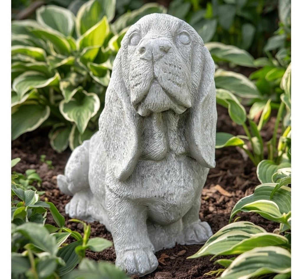 Concrete Basset Hound Garden Statue 10" Outdoor Pet Memorial Dog Figurine Lawn Ornament Decor