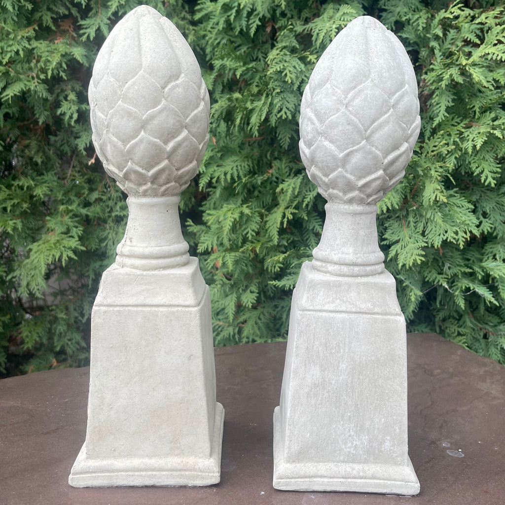 Artichoke Finial Statues Set of 2: 14" Concrete Garden Sculptures for Yard Decor & Landscaping