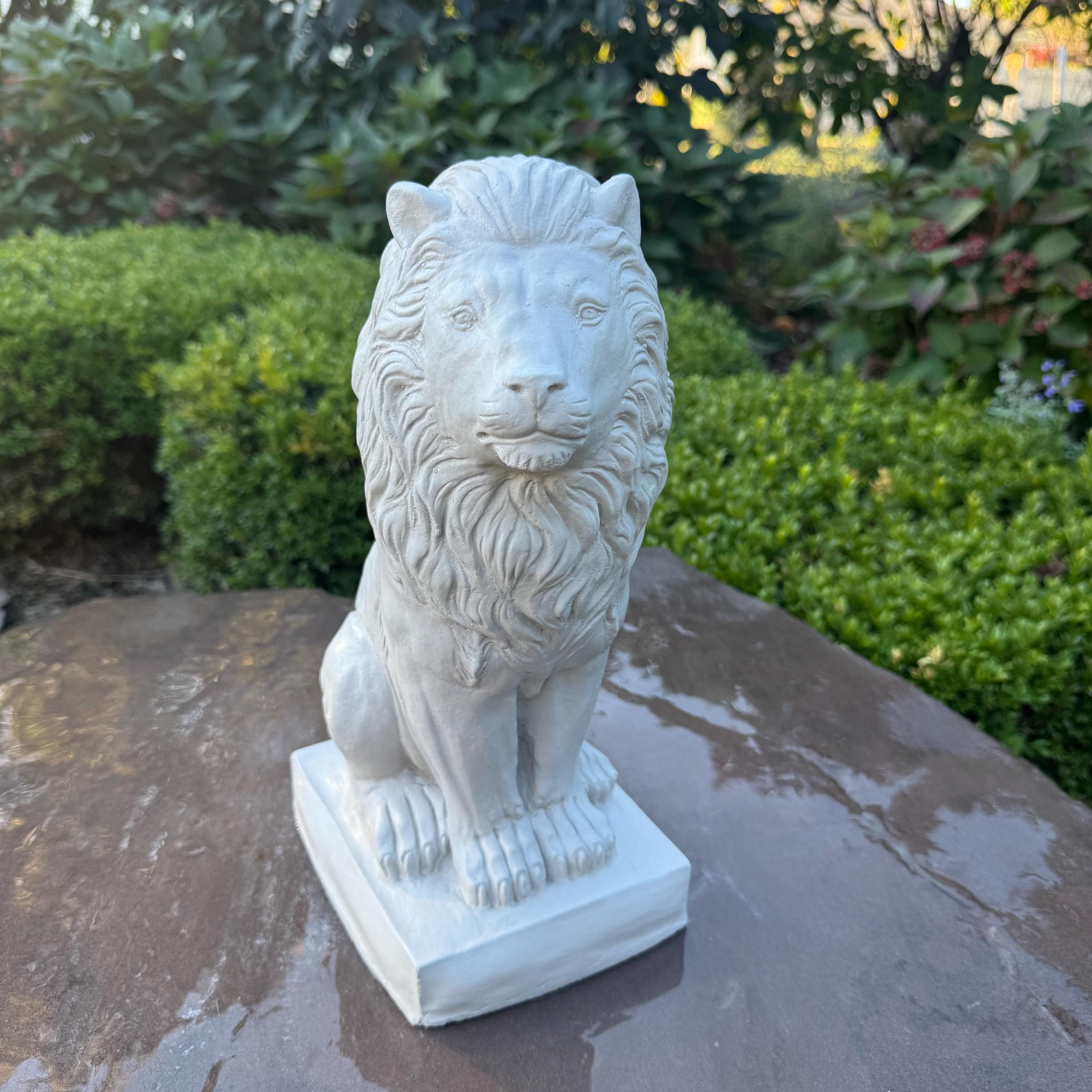 13.5" Sitting Concrete Lion Statue - Garden Sculpture Outdoor Lawn Ornament Animal Figure Decor