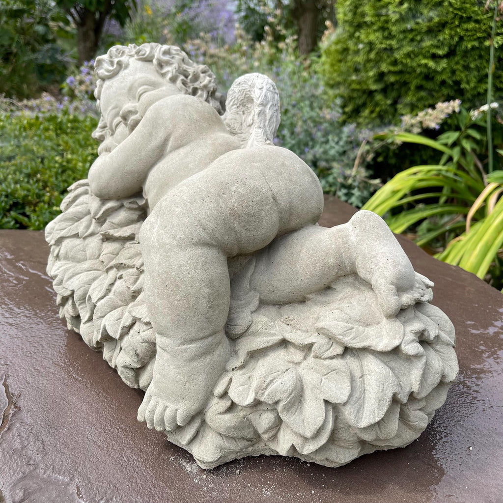 Large Concrete Sleeping Angel Statue on Leaves 17 inch Garden Sculpture Outdoor Memorial Yard Decor