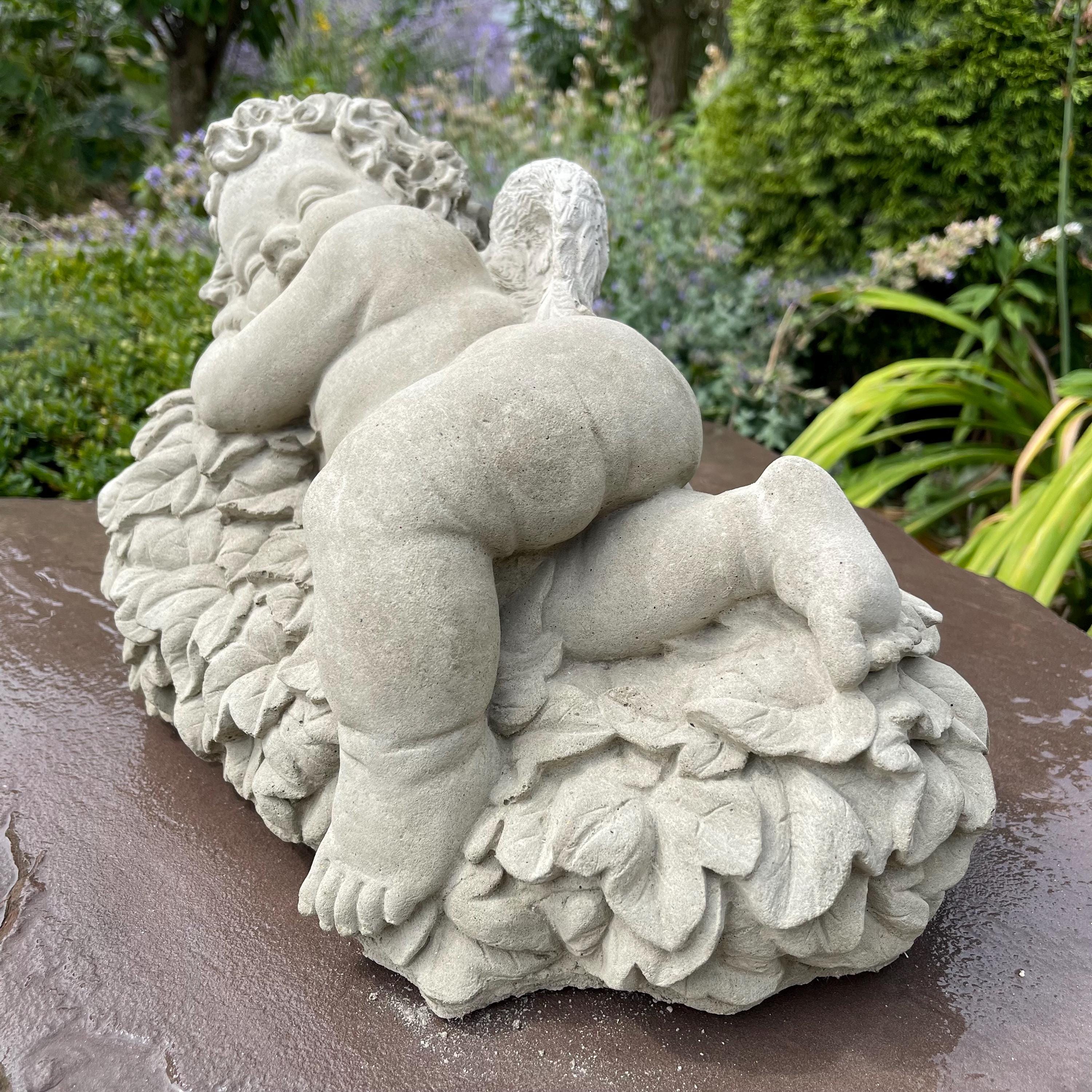 Large Concrete Sleeping Angel Statue on Leaves 17 inch Garden Sculpture Outdoor Memorial Yard Decor