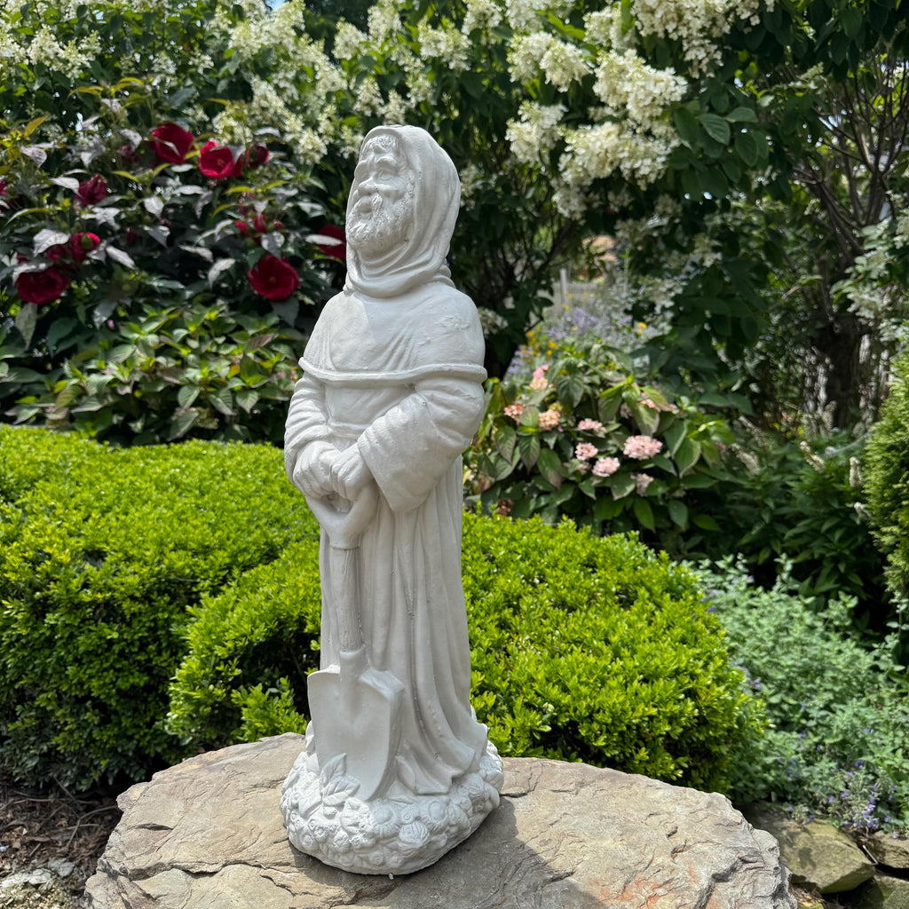 Saint Fiacre 22" Concrete Garden Statue - Patron of Gardeners Religious Catholic Sculpture Yard Art Gift
