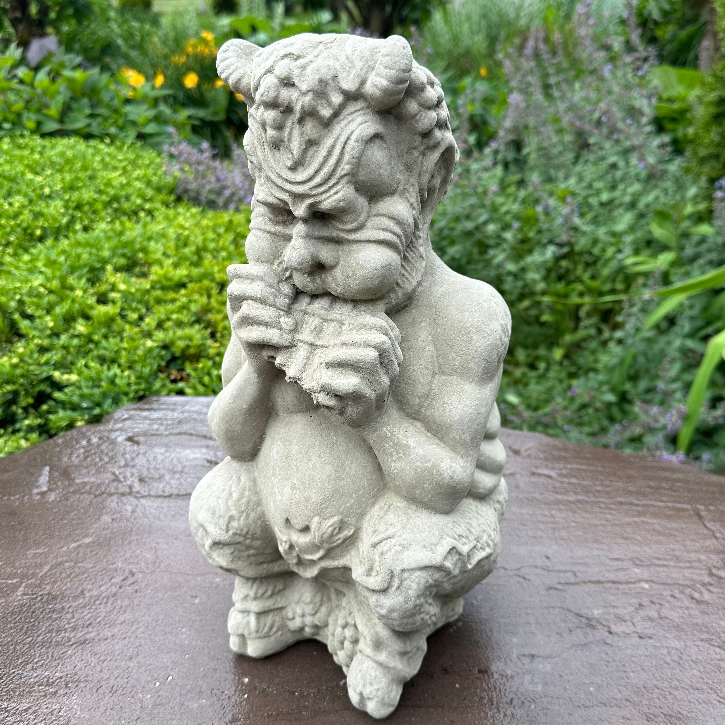 Concrete Pan Garden Statue 14 inch Mythical Satyr Sculpture Flute Player Yard Art Greek Mythology Lawn Ornament