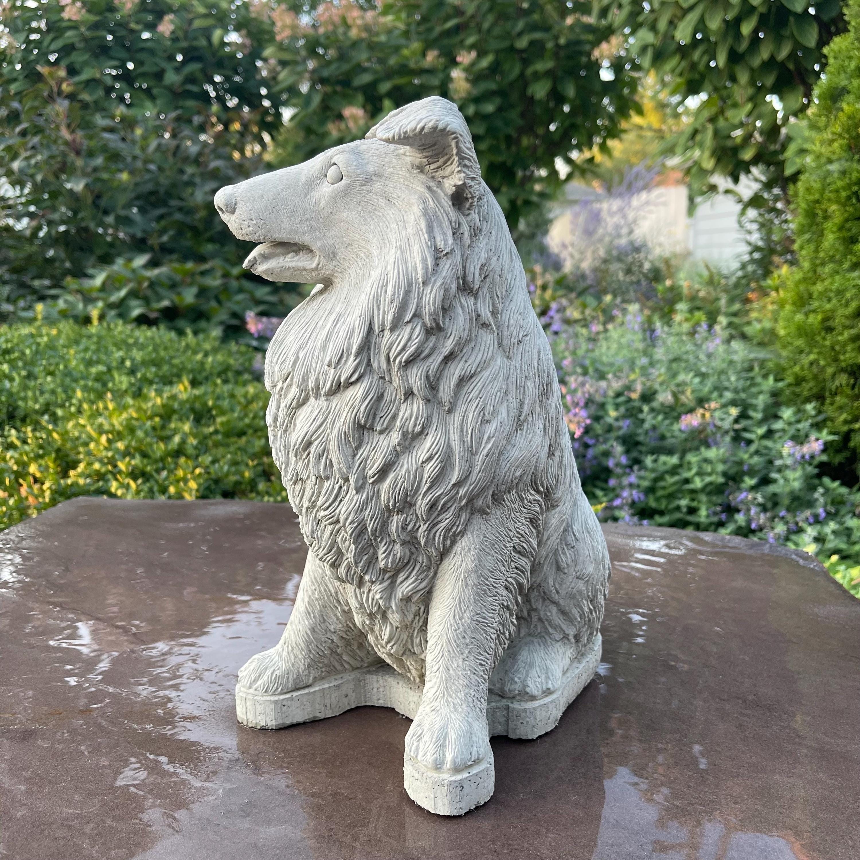 Concrete Border Collie Garden Statue 12.5" Sheltie Pet Memorial Sculpture Dog Yard Art Lawn Ornament Gift
