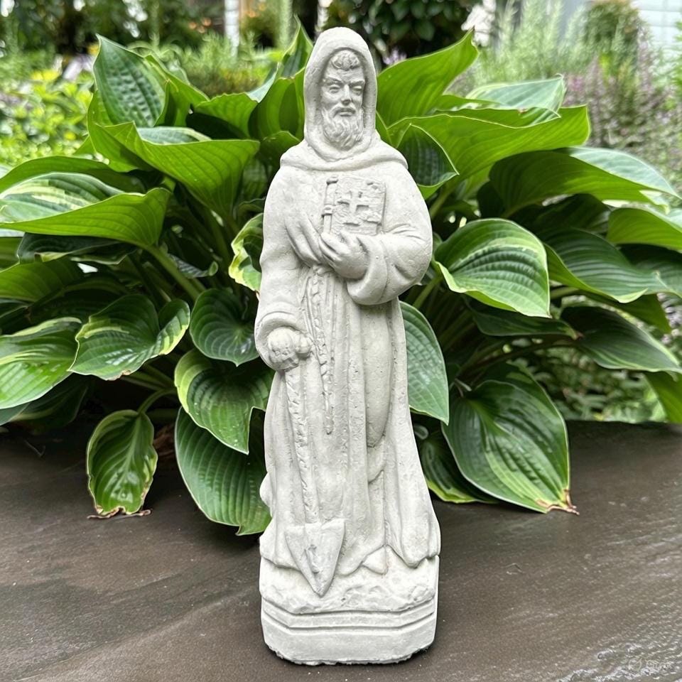 Saint Fiacre Garden Statue: 15" Catholic Sculpture Patron of Gardeners Religious Yard Art