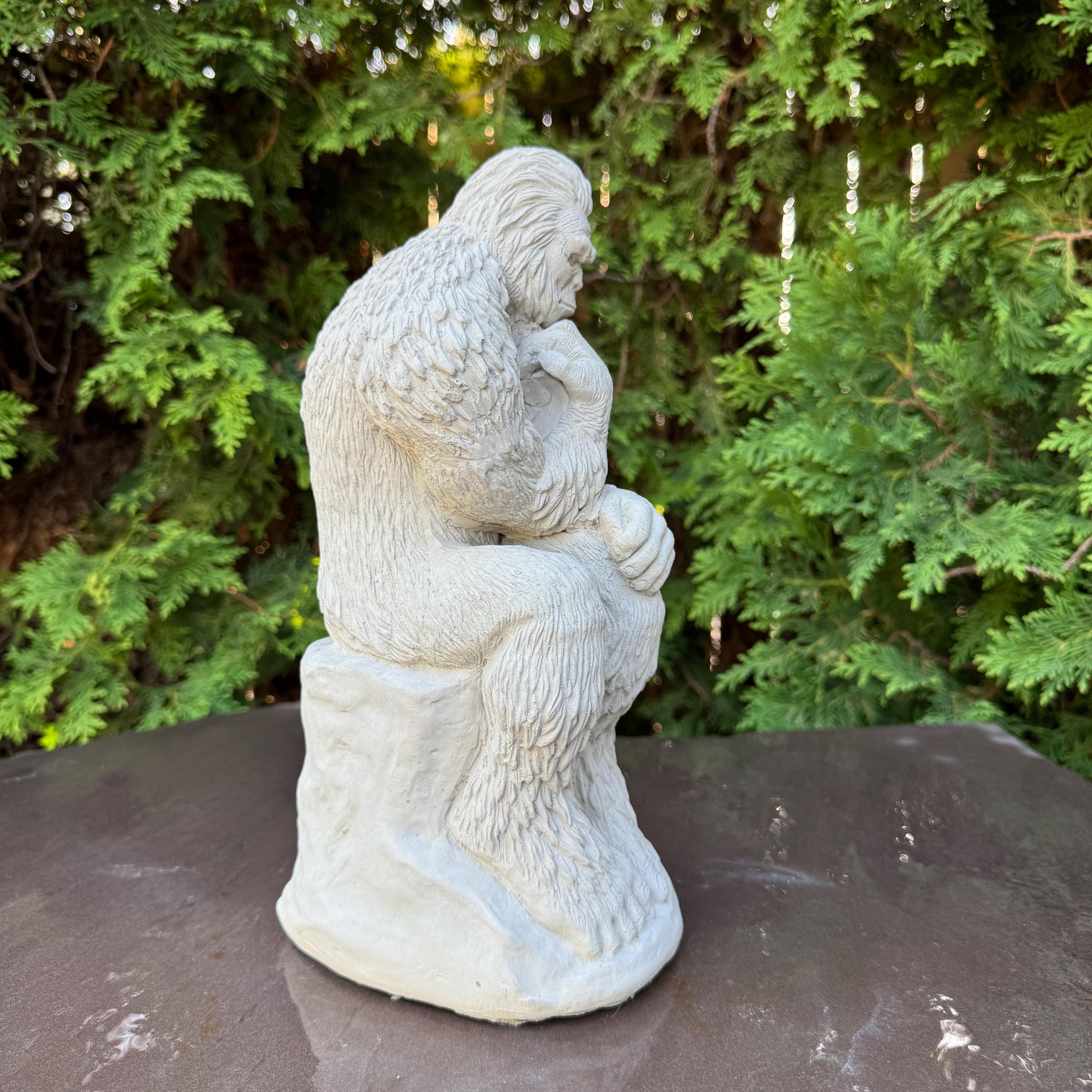 Concrete Bigfoot Statue: 12" Sitting Yeti Garden Sculpture in Thinker Pose, Outdoor Decor