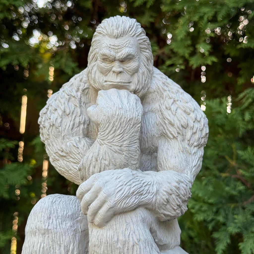 Concrete Bigfoot Statue: 12" Sitting Yeti Garden Sculpture in Thinker Pose, Outdoor Decor