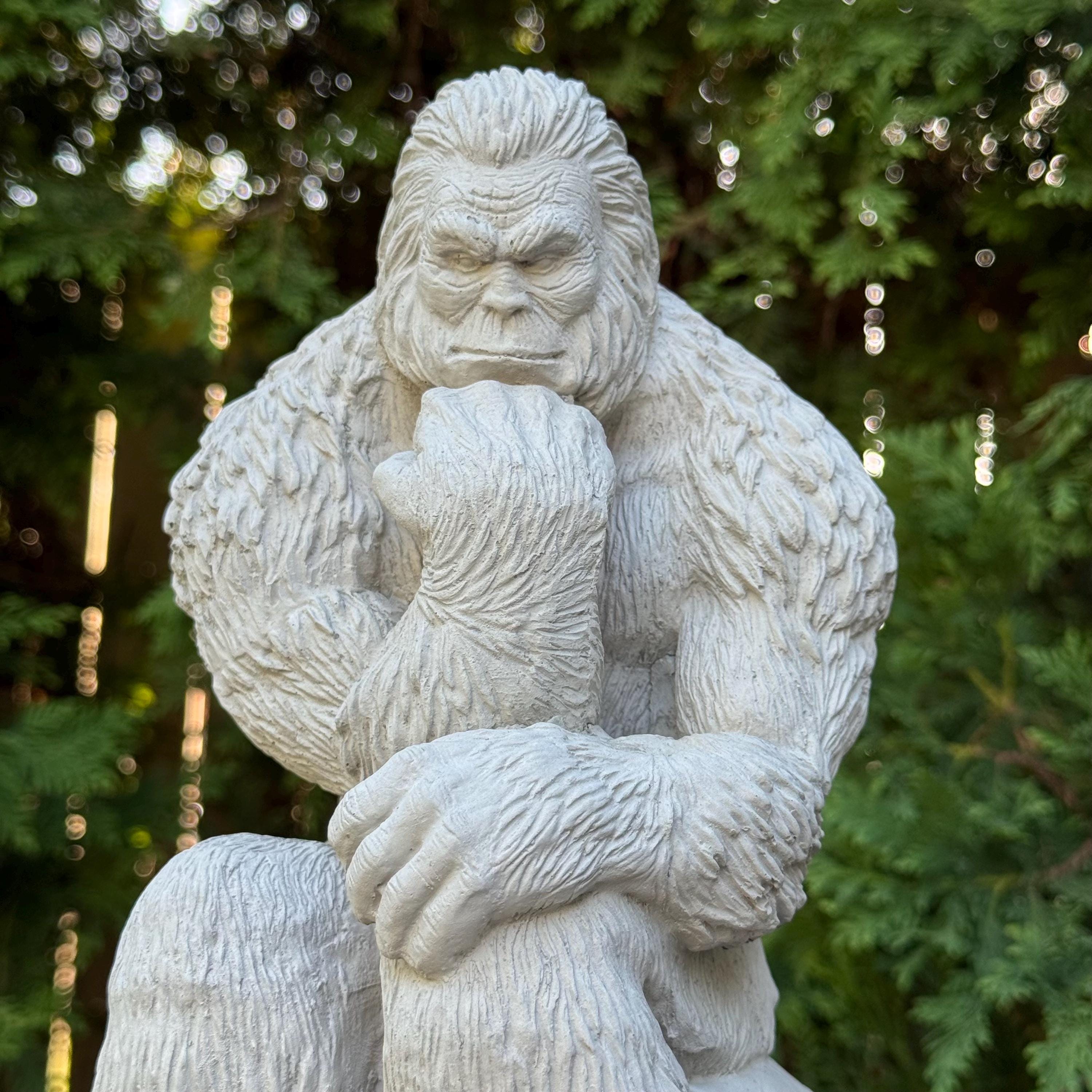 Concrete Bigfoot Statue: 12" Sitting Yeti Garden Sculpture in Thinker Pose, Outdoor Decor