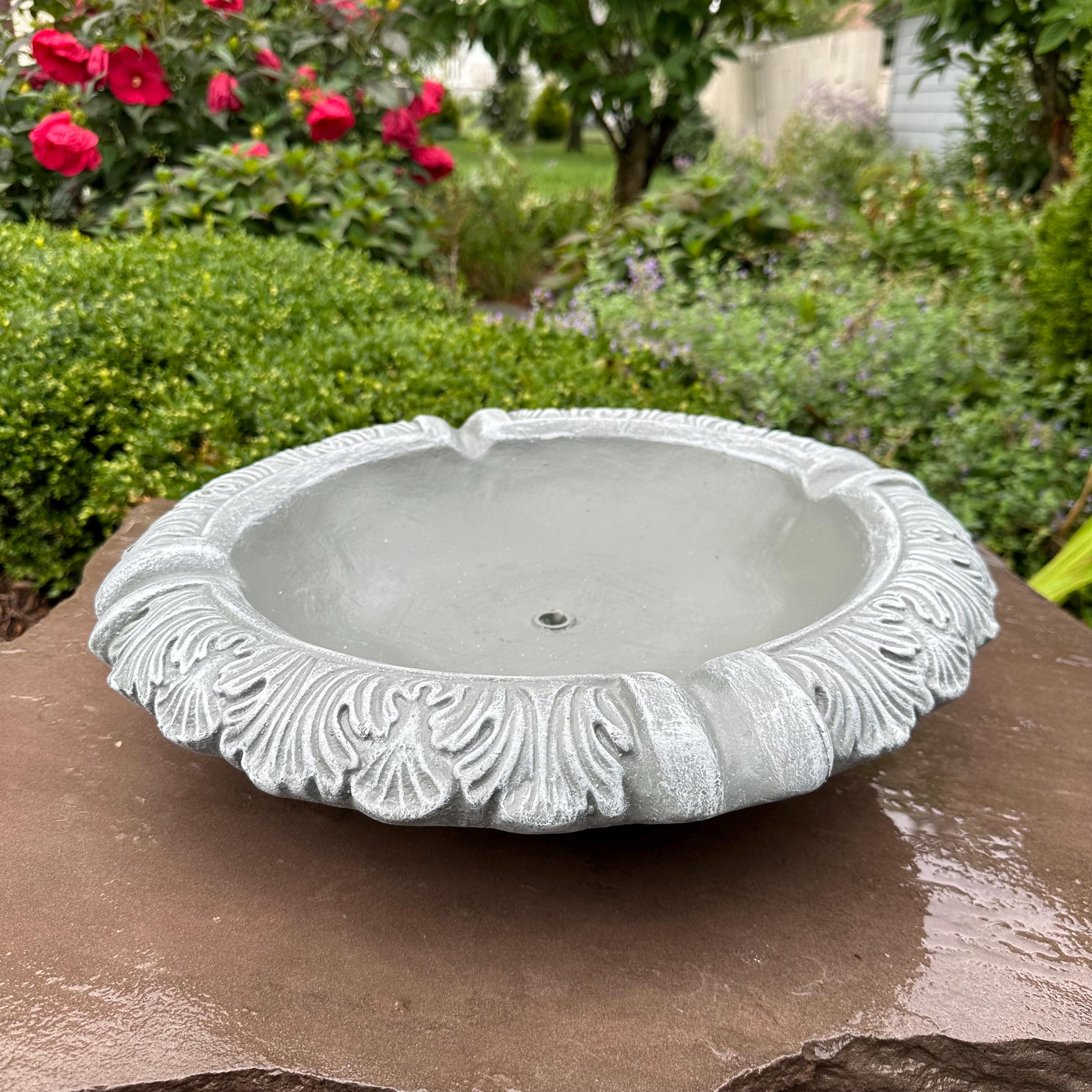 Concrete Fountain Bowl Top: 19" Leafy Garden Water Feature, Painted Cement Topper