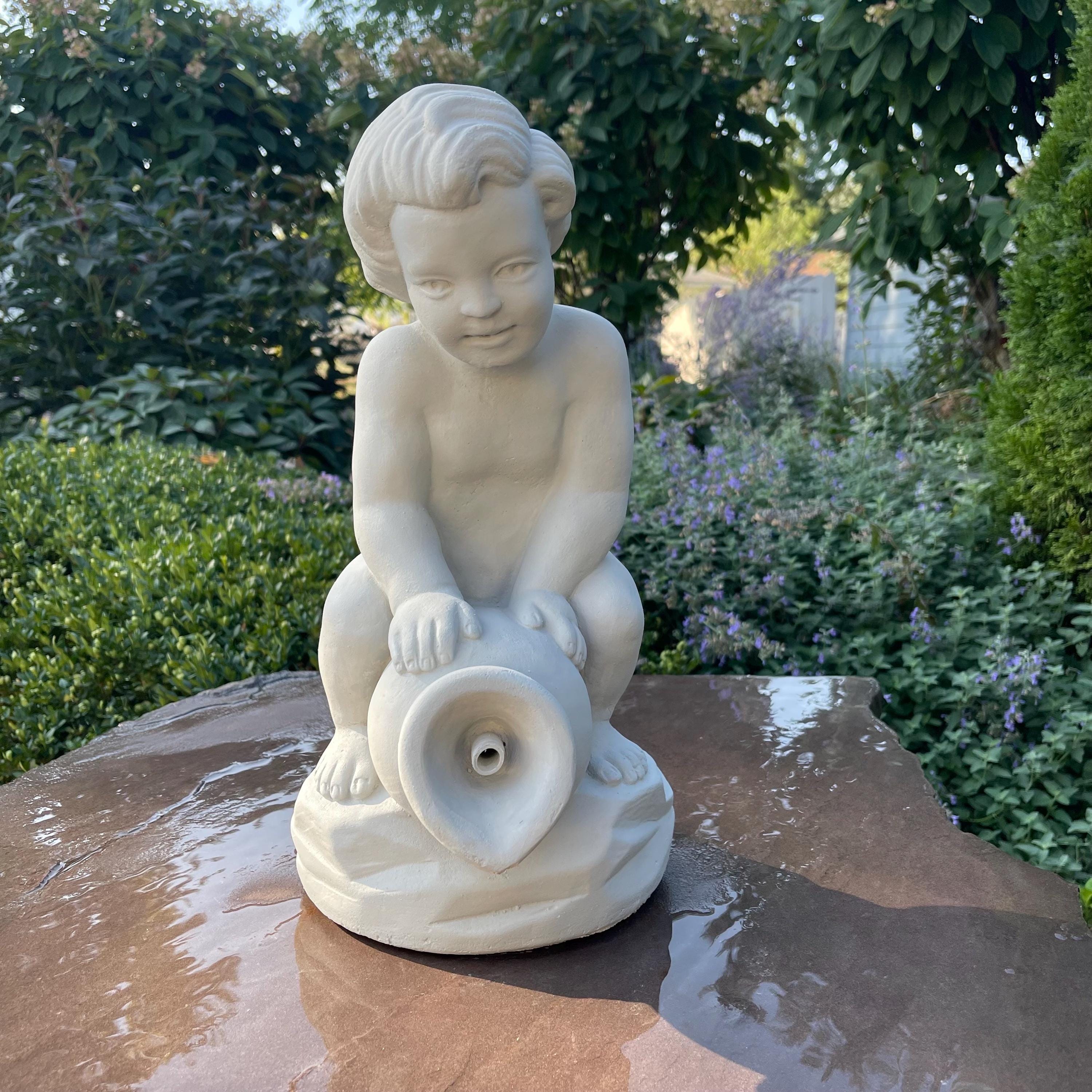 Concrete Boy on Jar Fountain Spitter 15" Outdoor Garden Statue Pond Spout Water Featureq