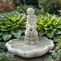 23" Concrete Shell Bowl Fountain Boy Jar Statue Outdoor Garden Water Feature
