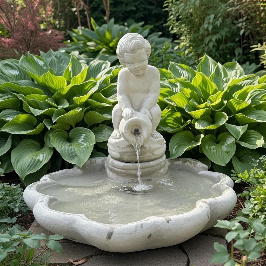 23" Concrete Shell Bowl Fountain Boy Jar Statue Outdoor Garden Water Feature