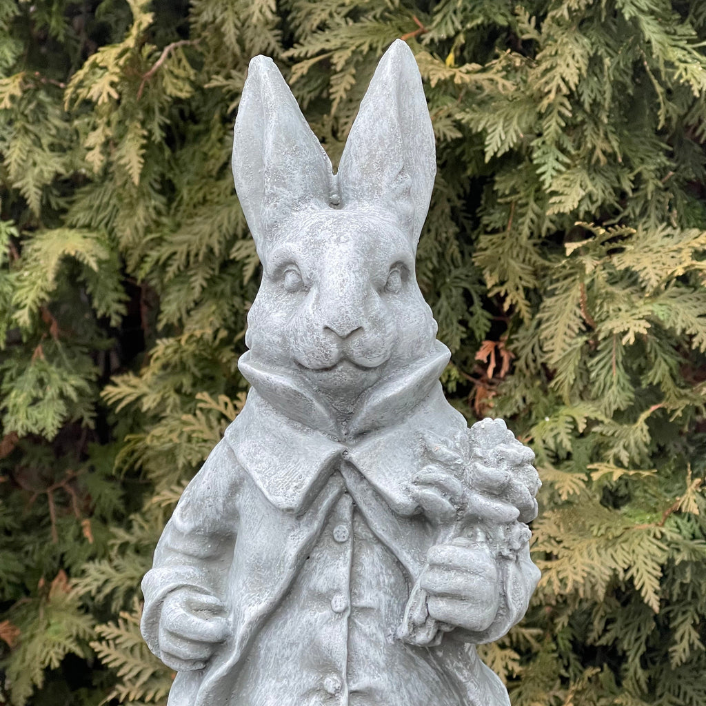 Large Concrete Rabbit Statue 16 Inch Modern Garden Bunny Sculpture with Flowers Yard Art Lawn Ornament