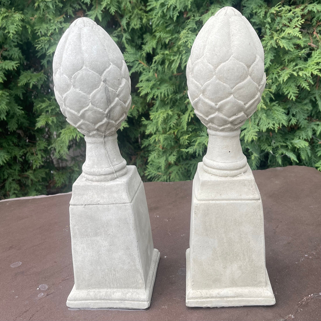 Artichoke Finial Statues Set of 2: 14" Concrete Garden Sculptures for Yard Decor & Landscaping