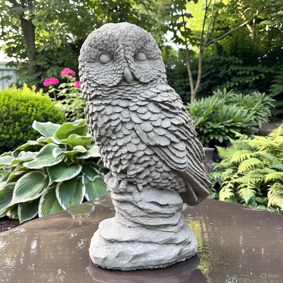 Handmade 16 Inch Concrete Owl Garden Statue Bird Sculpture Yard Decor Lawn Ornament Nature Art Gift