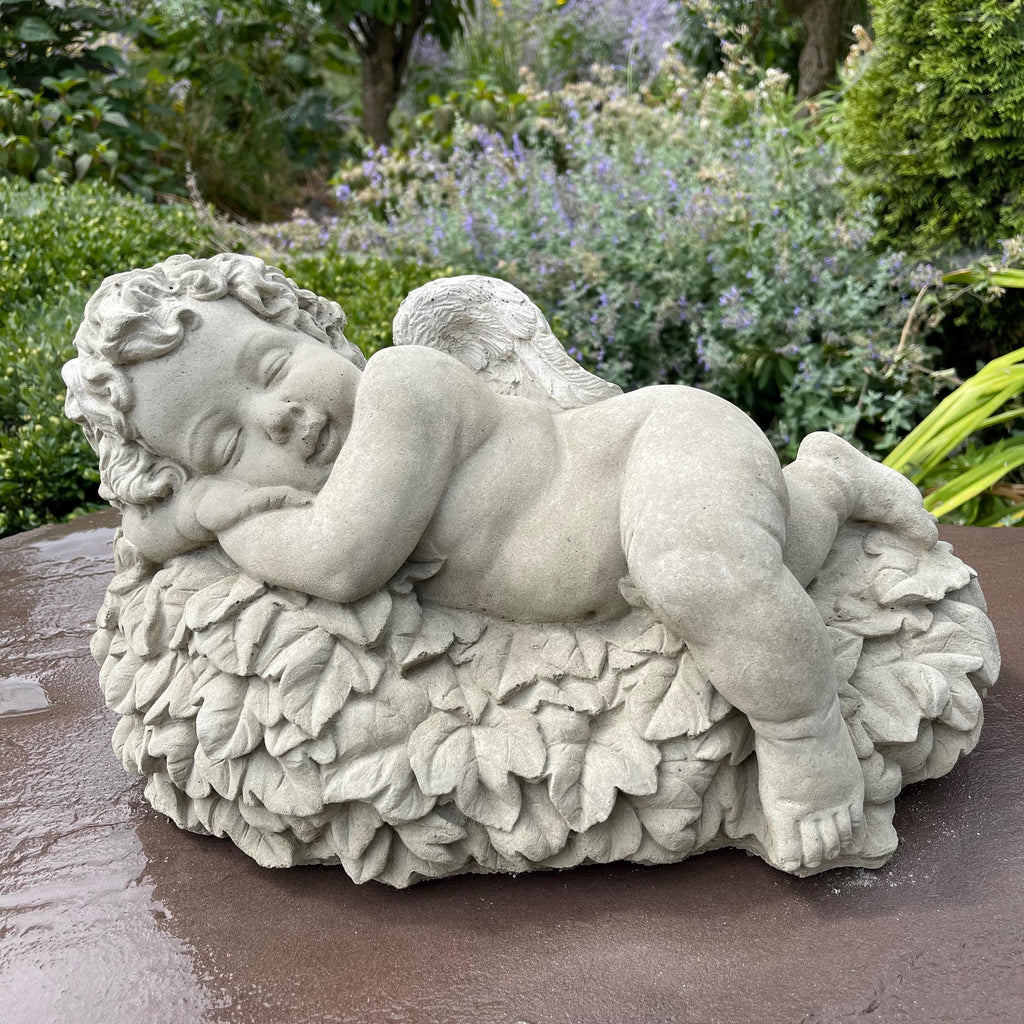 Large Concrete Sleeping Angel Statue on Leaves 17 inch Garden Sculpture Outdoor Memorial Yard Decor