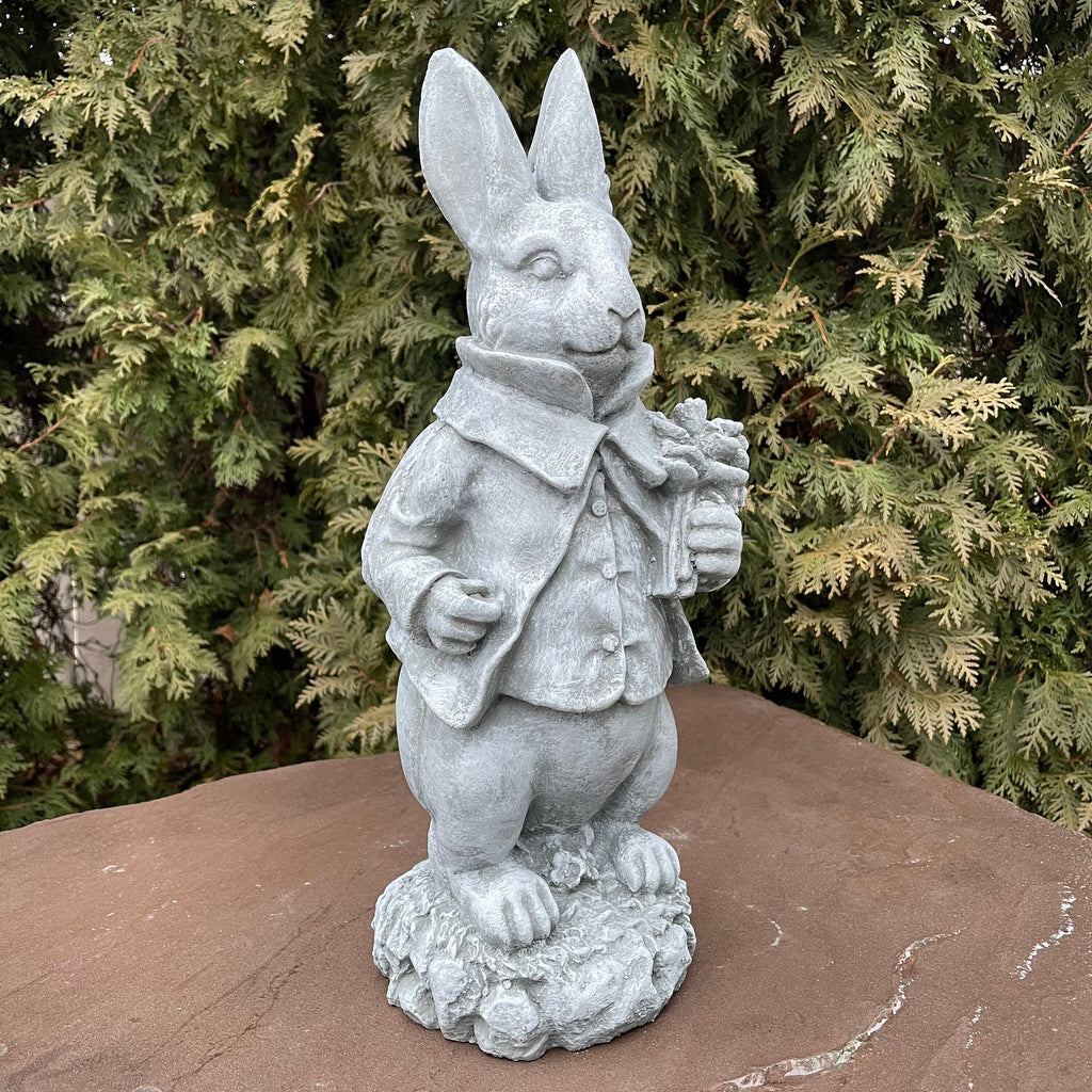 Large Concrete Rabbit Statue 16 Inch Modern Garden Bunny Sculpture with Flowers Yard Art Lawn Ornament
