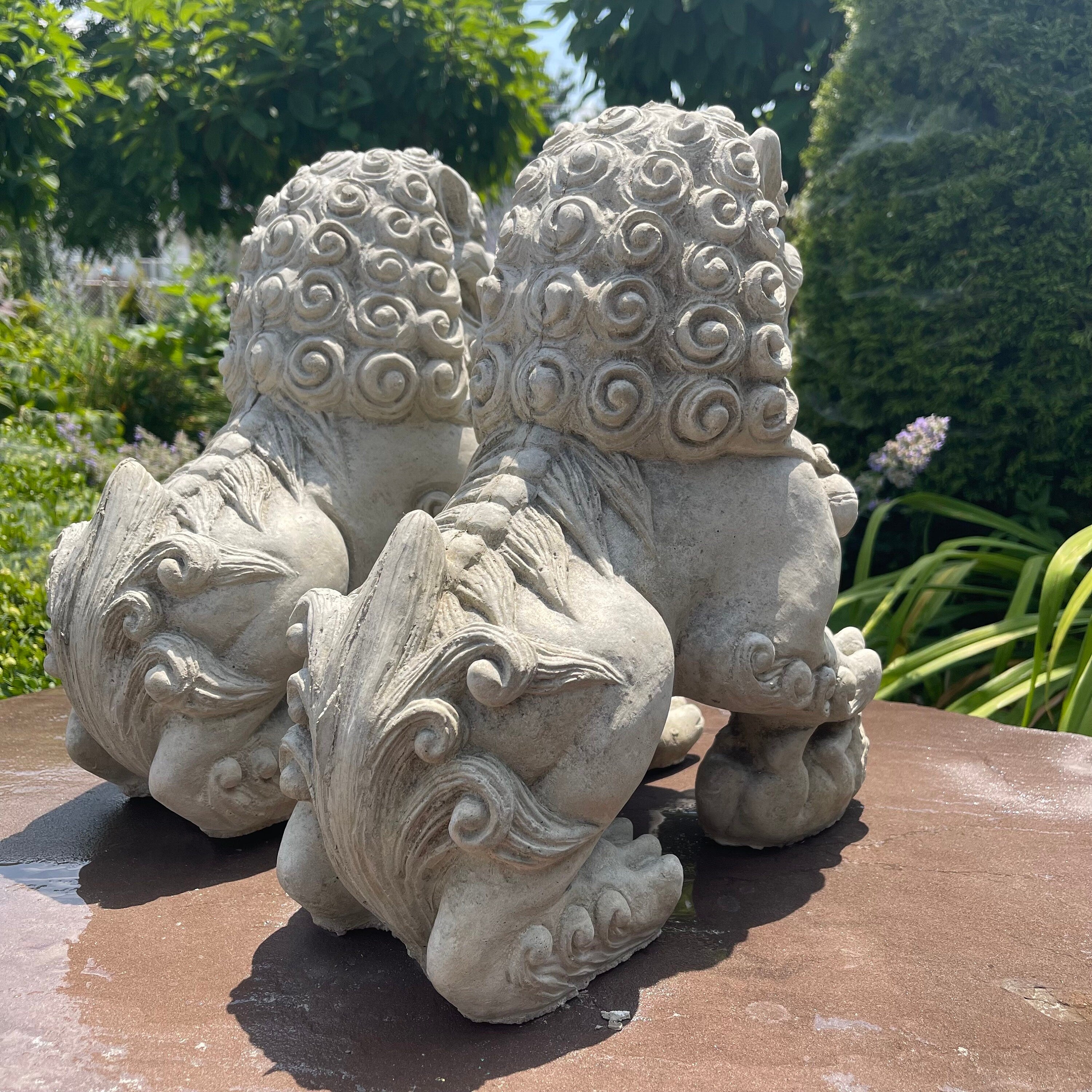 Concrete Foo Dog Statue Pair 14" Male Female Feng Shui Garden Guardians Outdoor Yard Protection Decor