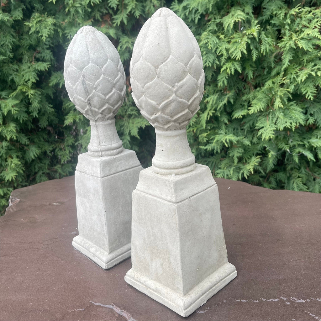 Artichoke Finial Statues Set of 2: 14" Concrete Garden Sculptures for Yard Decor & Landscaping