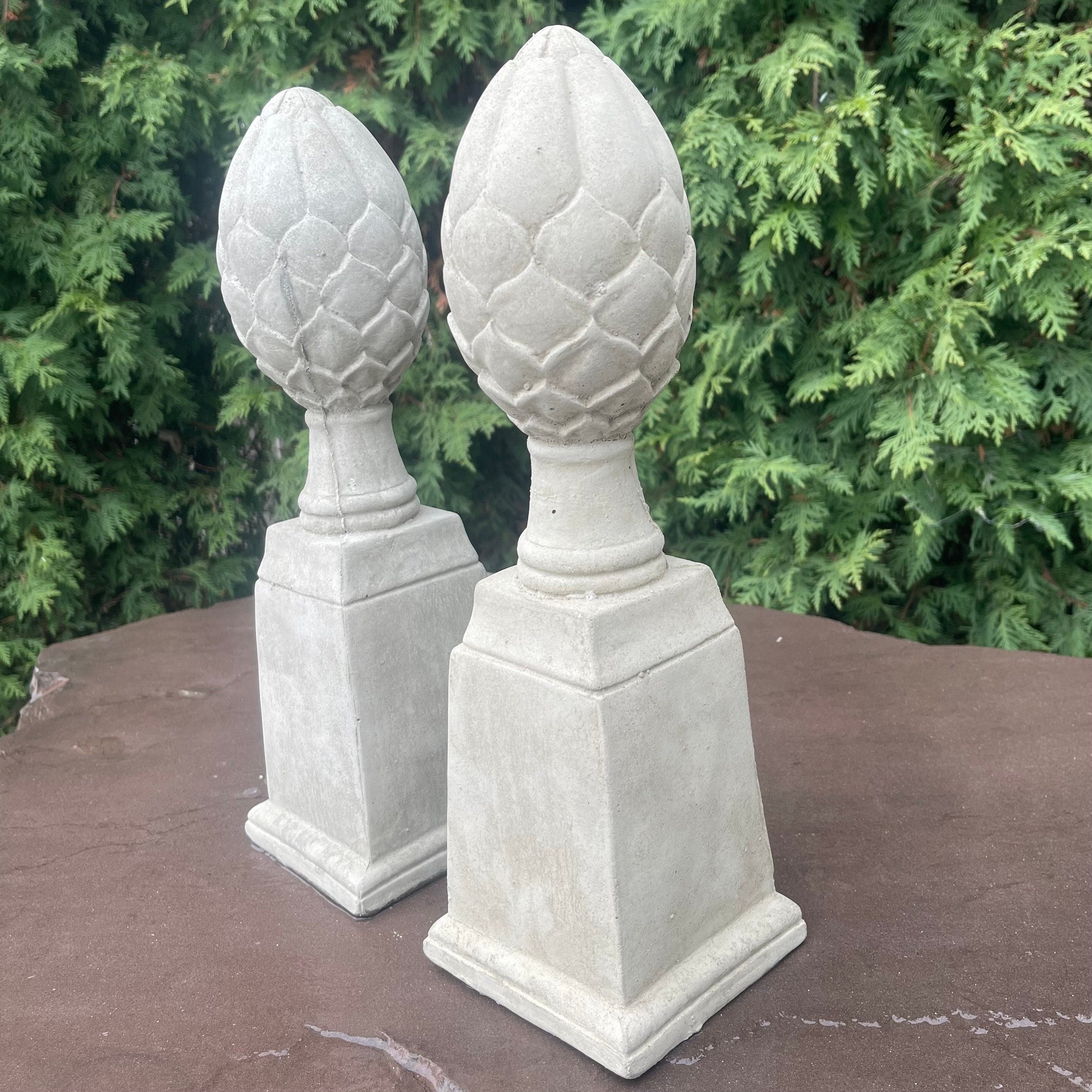 Artichoke Finial Statues Set of 2: 14" Concrete Garden Sculptures for Yard Decor & Landscaping