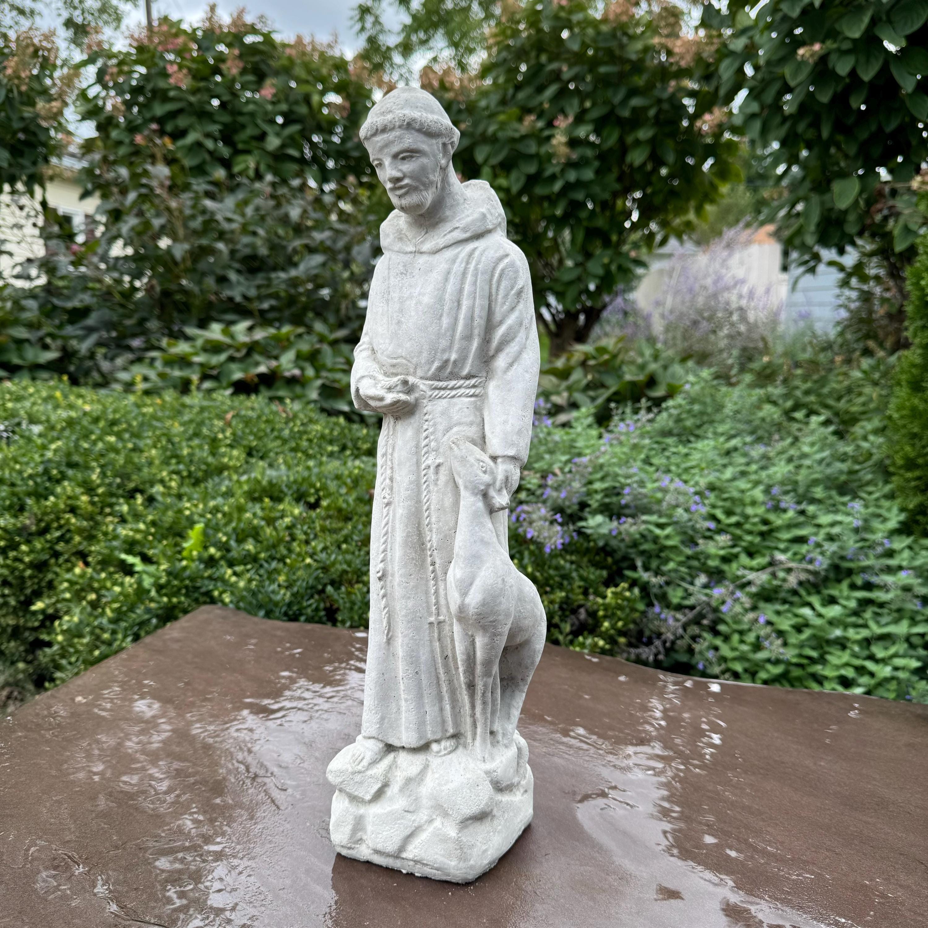 17" Concrete Saint Francis with Deer Statue - Catholic Garden Sculpture Religious Yard Art Ornament Decor