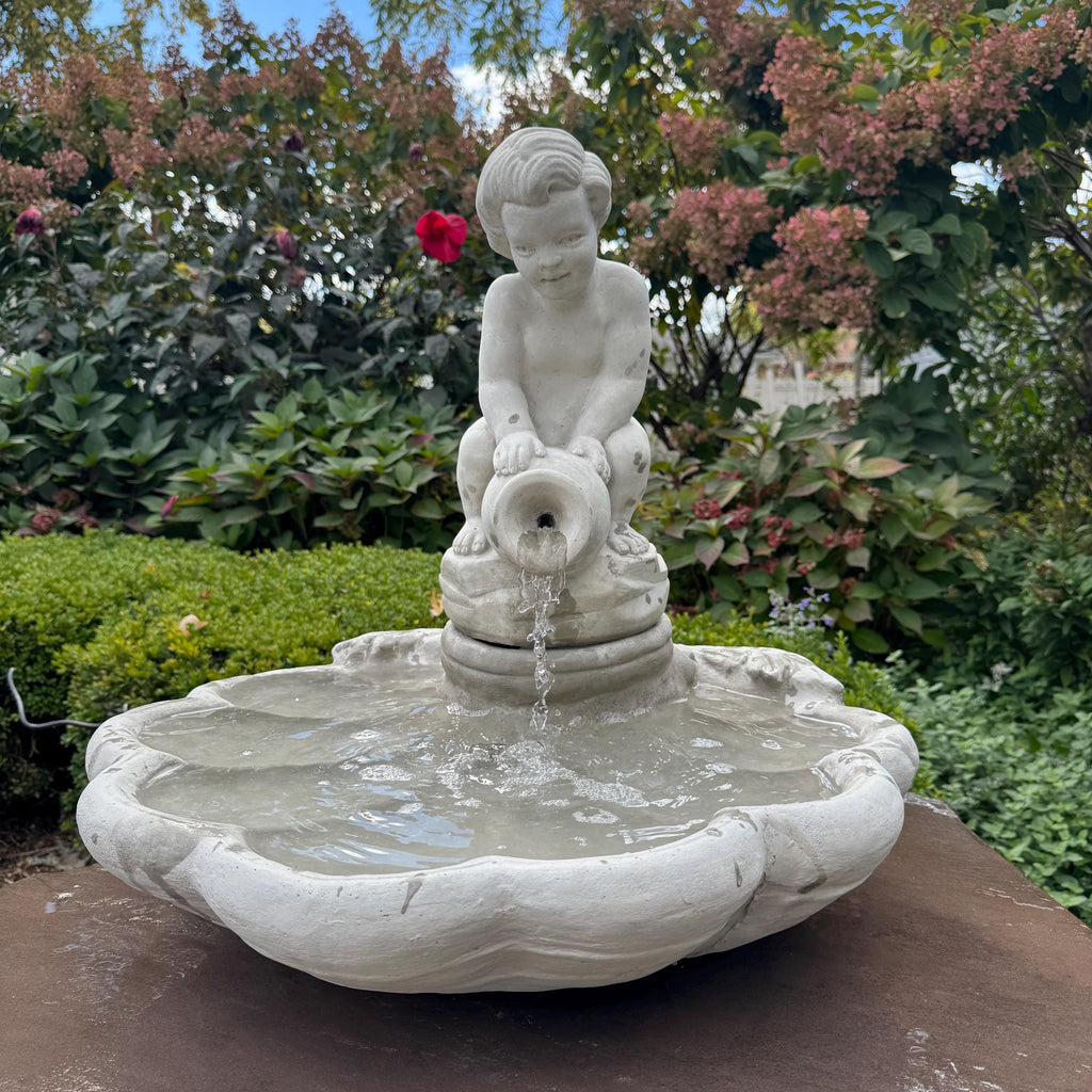 23" Concrete Shell Bowl Fountain Boy Jar Statue Outdoor Garden Water Feature
