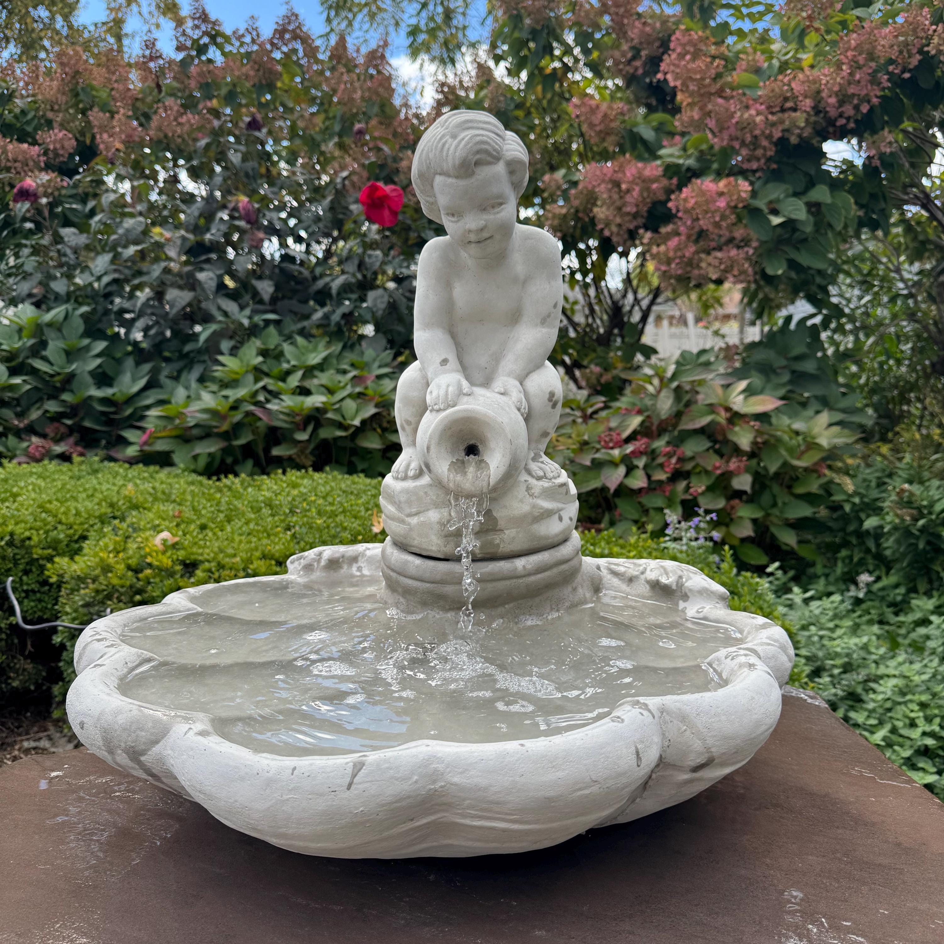 23" Concrete Shell Bowl Fountain Boy Jar Statue Outdoor Garden Water Feature