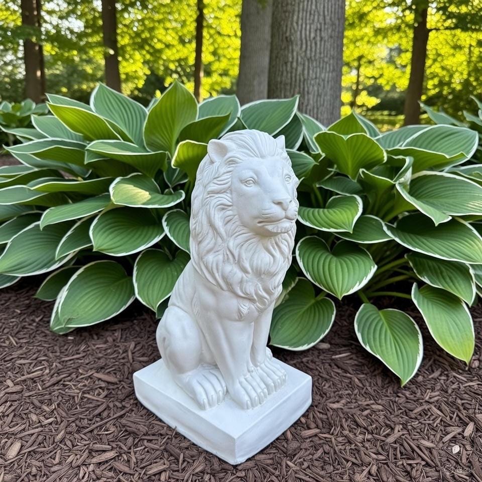 13.5" Sitting Concrete Lion Statue - Garden Sculpture Outdoor Lawn Ornament Animal Figure Decor