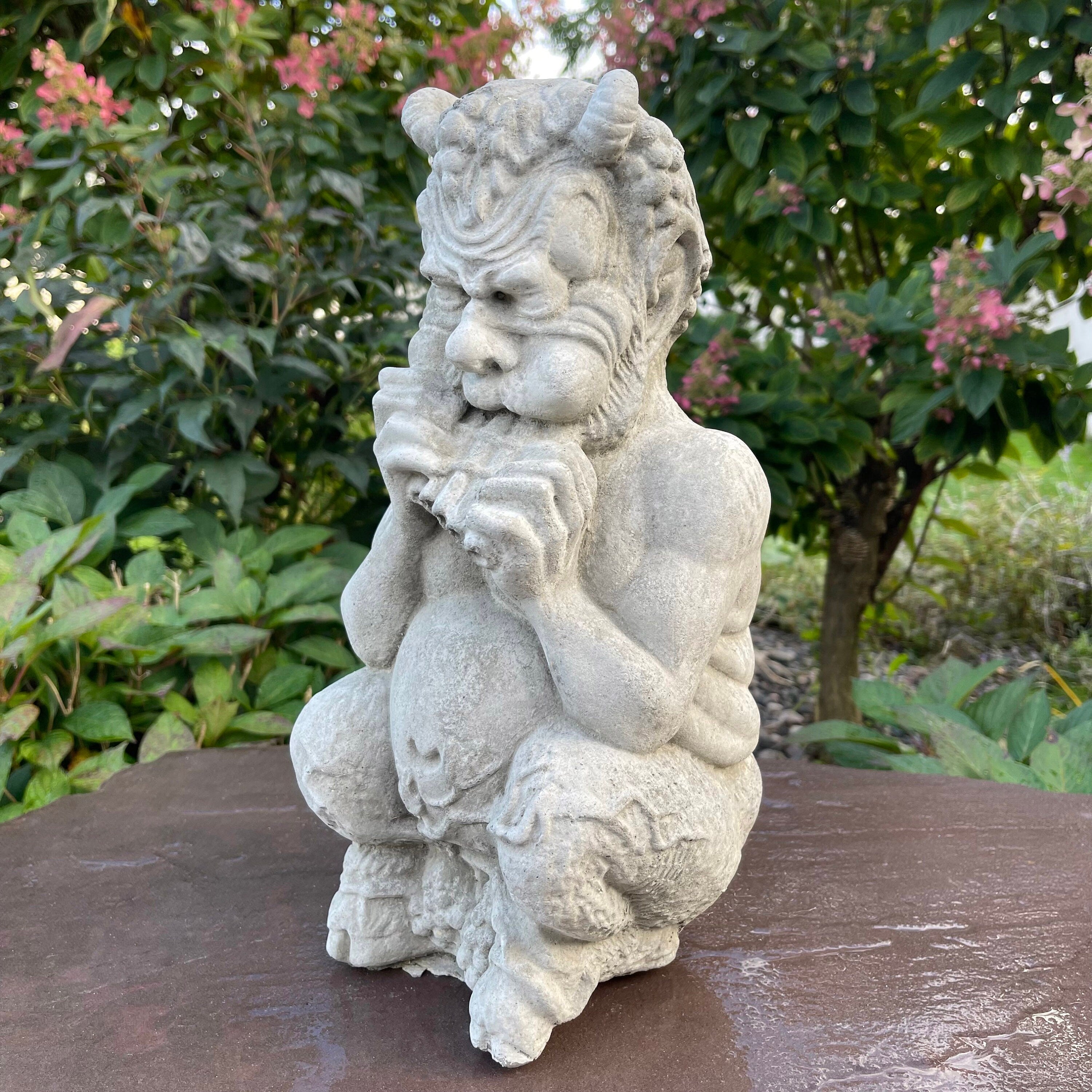 Concrete Pan Garden Statue 14 inch Mythical Satyr Sculpture Flute Player Yard Art Greek Mythology Lawn Ornament