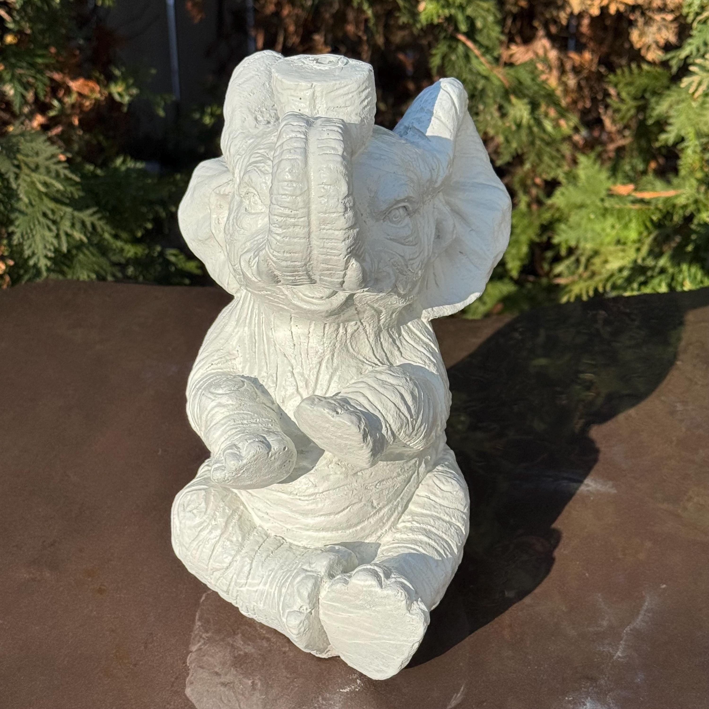 Concrete Elephant Garden Fountain Spout - 10 Inch Painted Water Feature Outdoor Statue Spitter