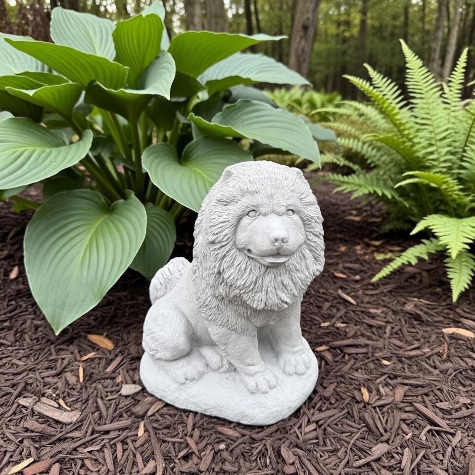 Concrete Chow Chow Garden Statue 10.5" Outdoor Dog Memorial Pet Sculpture Yard Decor