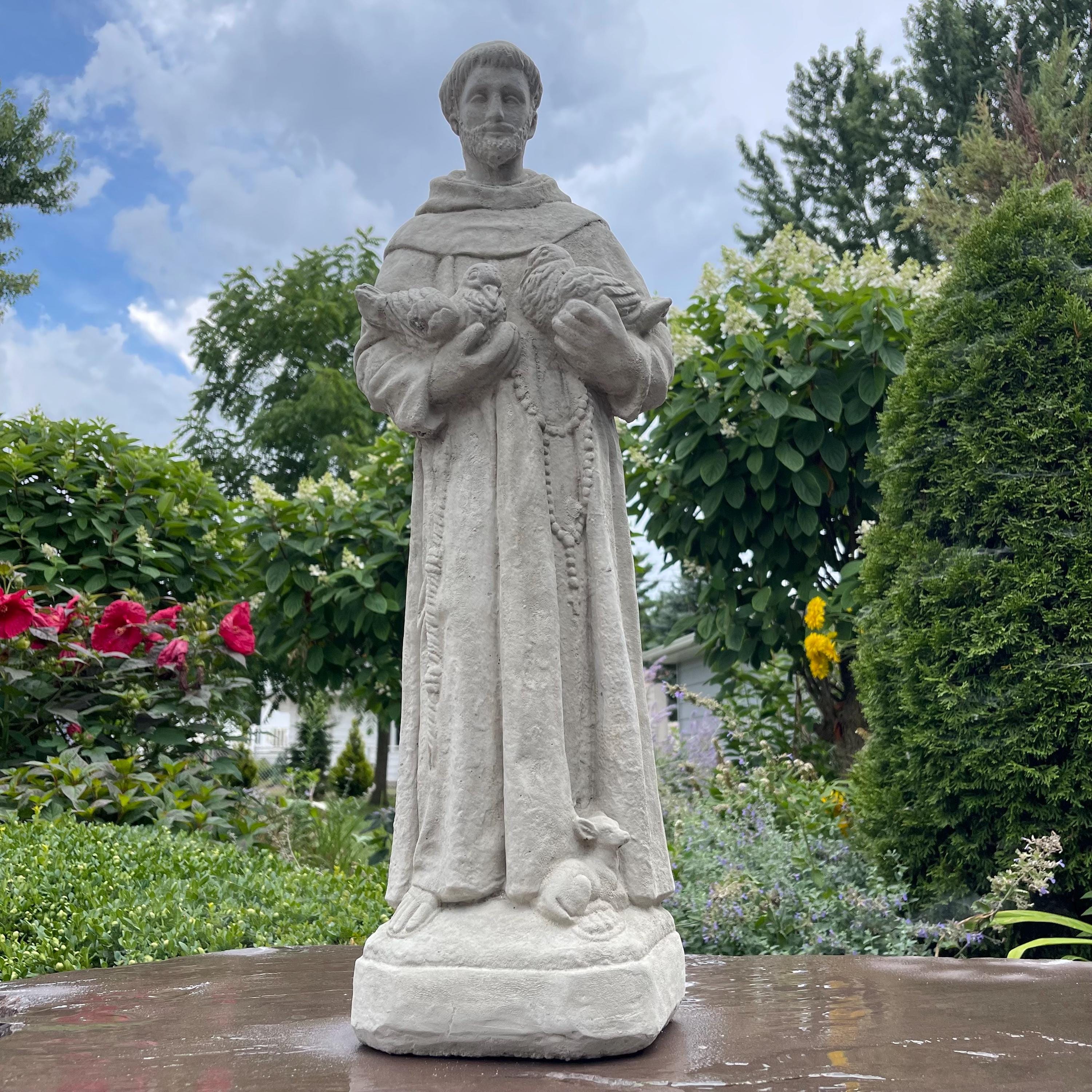 Concrete Saint Francis Statue with Birds 27" Catholic Garden Sculpture Assisi Yard Art Religious Decor