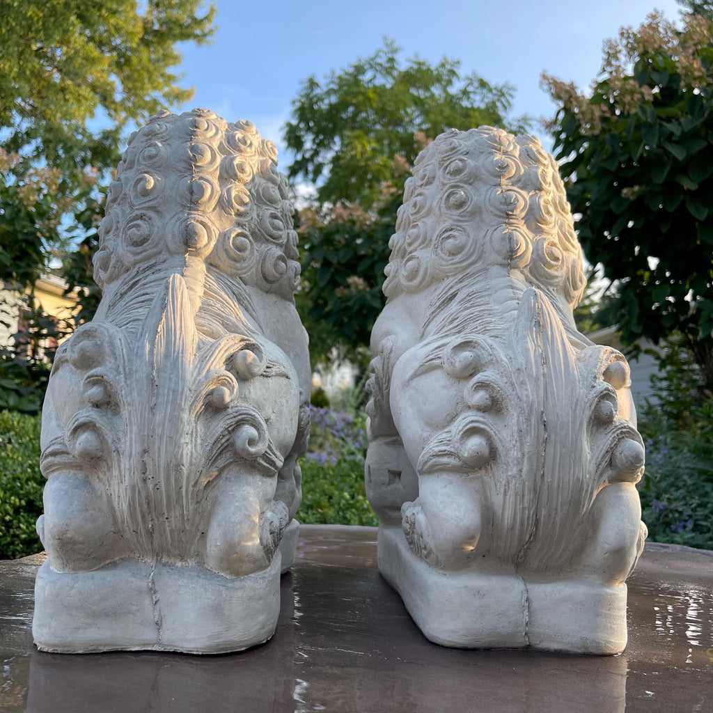 15.5 Concrete Foo Dog Statue Pair Male Female Feng Shui Garden Guardians Protection Outdoor Decor