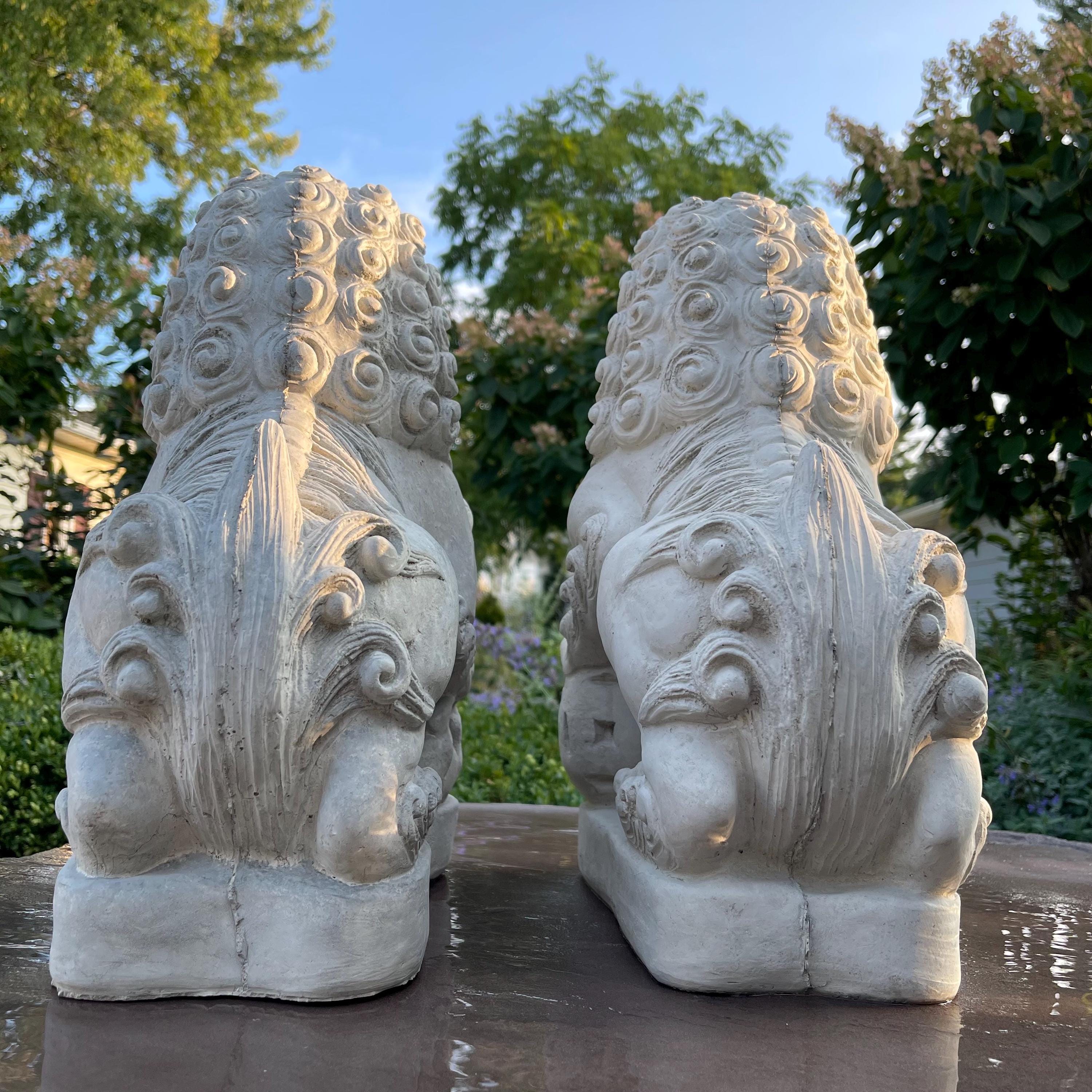 15.5 Concrete Foo Dog Statue Pair Male Female Feng Shui Garden Guardians Protection Outdoor Decor