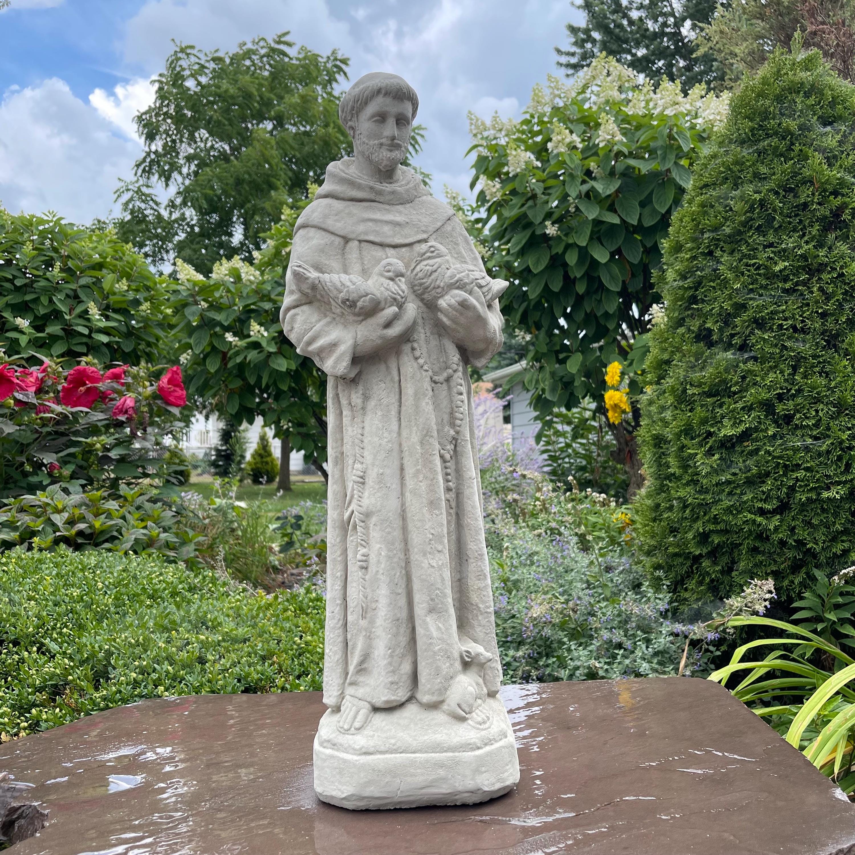 Concrete Saint Francis Statue with Birds 27" Catholic Garden Sculpture Assisi Yard Art Religious Decor