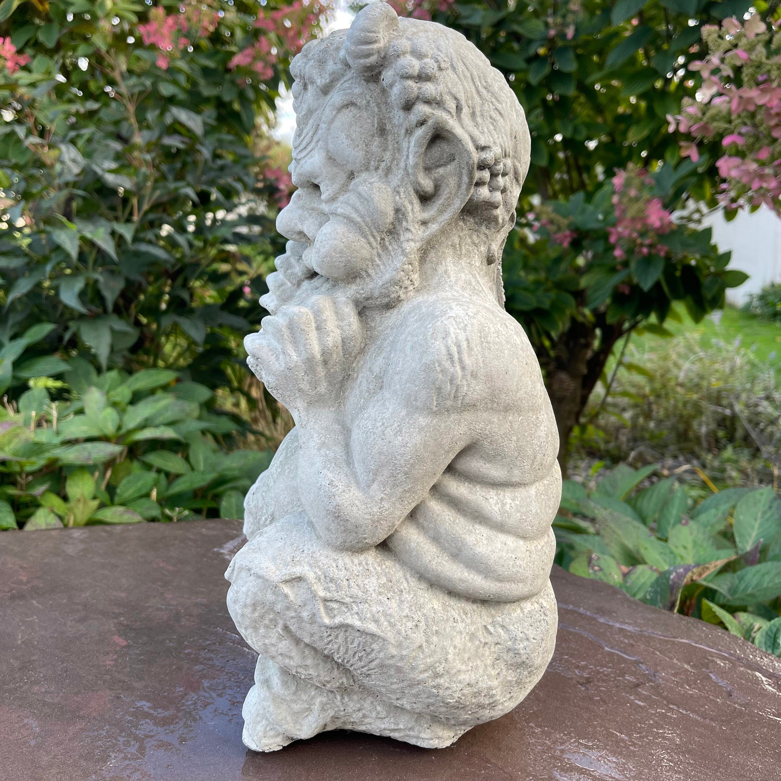 Concrete Pan Garden Statue 14 inch Mythical Satyr Sculpture Flute Player Yard Art Greek Mythology Lawn Ornament