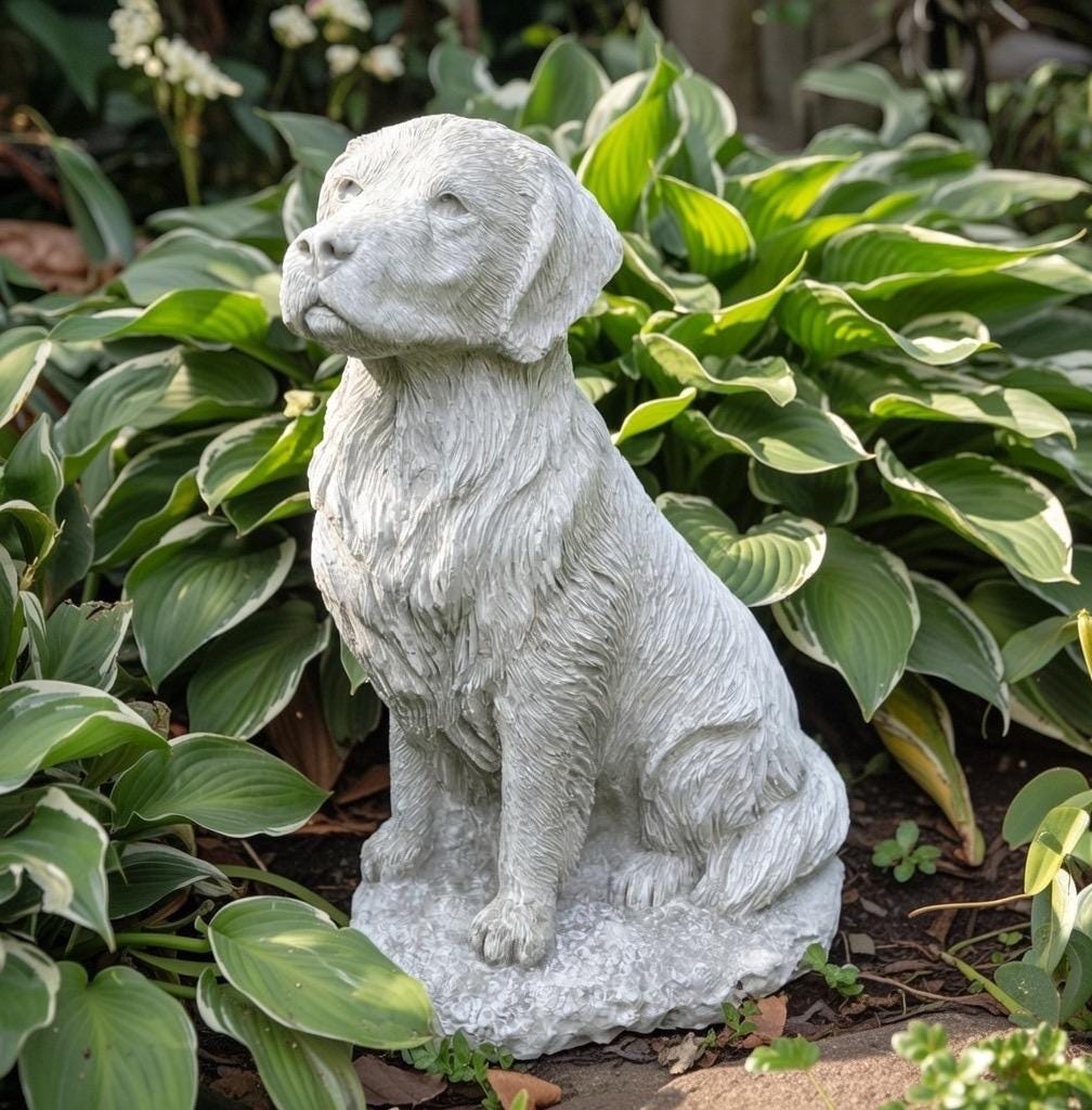 Concrete Golden Retriever Memorial Statue 11" Garden Sculpture Pet Loss Gift Dog Art Yard Decor Ornament