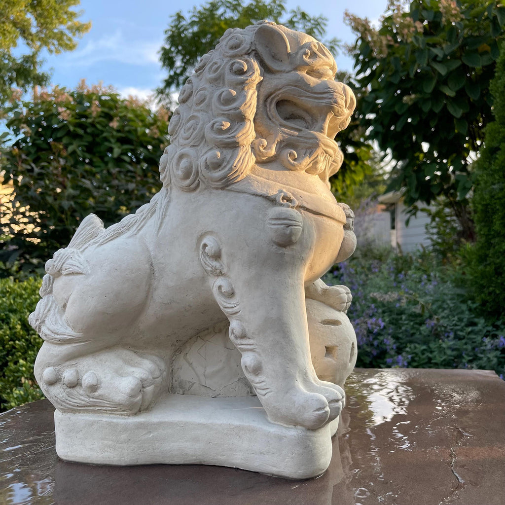 15.5 Concrete Foo Dog Statue Pair Male Female Feng Shui Garden Guardians Protection Outdoor Decor