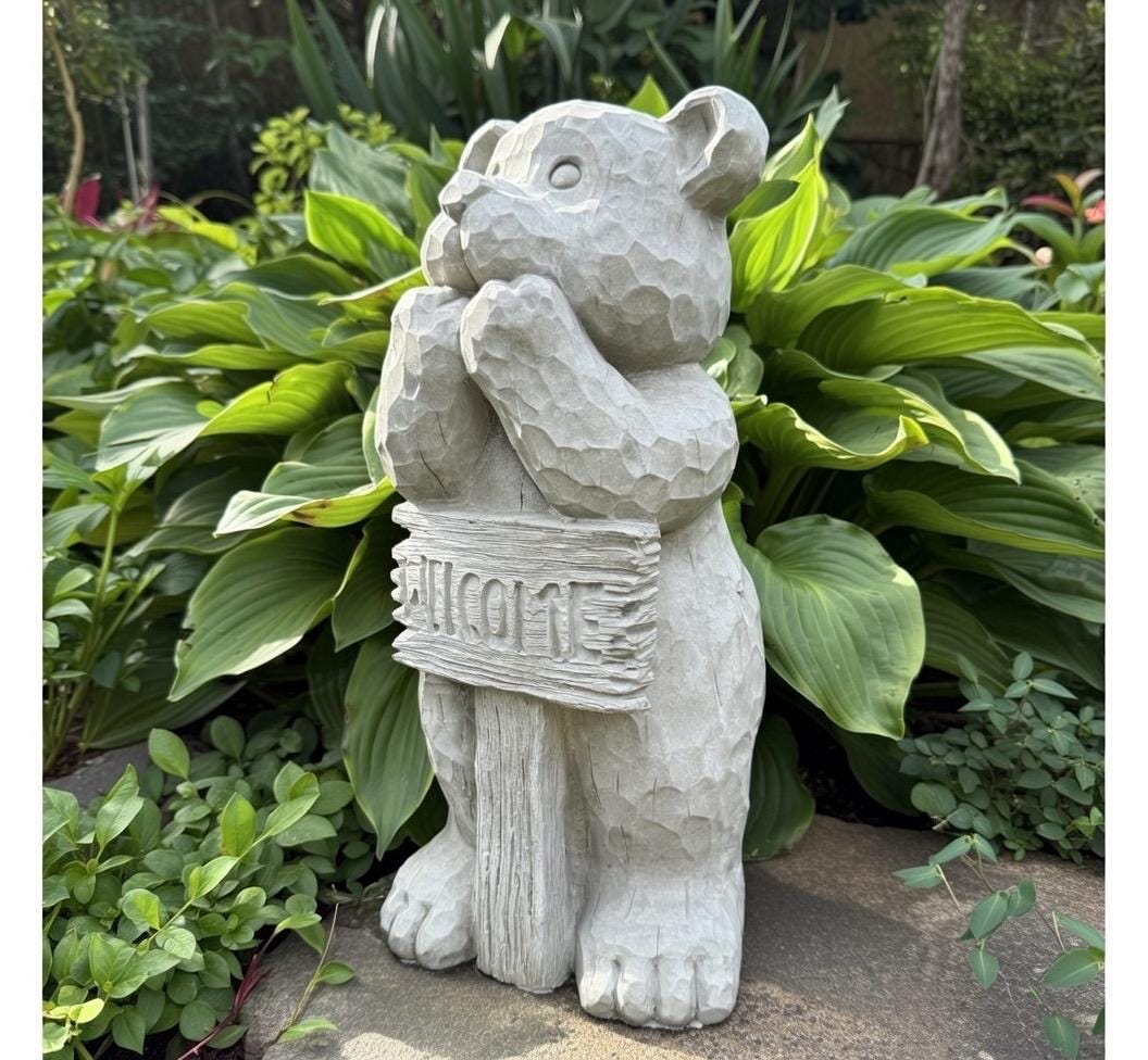 Concrete Bear Garden Statue with Welcome Sign - 17" Outdoor Decor