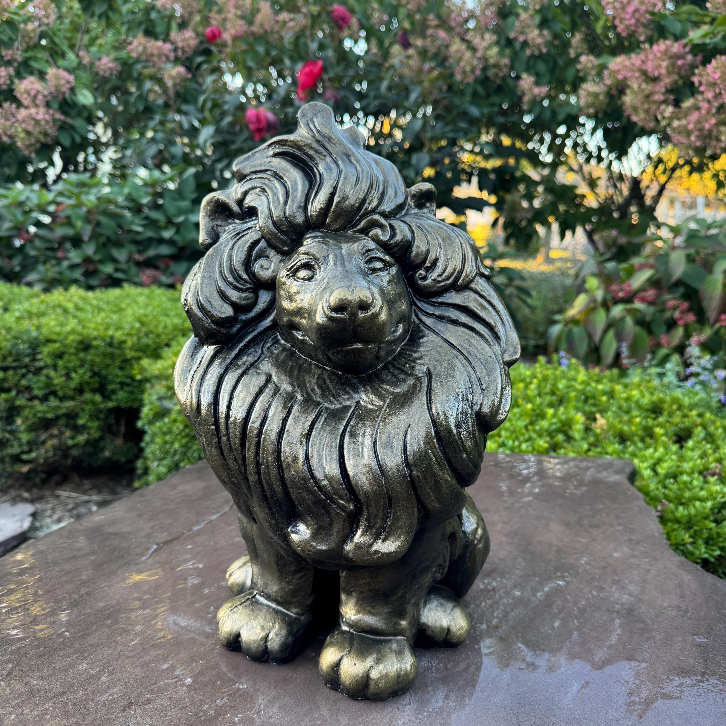 Guardian Lion Gift: 16" Concrete Garden Statue for Outdoor Feng Shui Protection & Yard Decor
