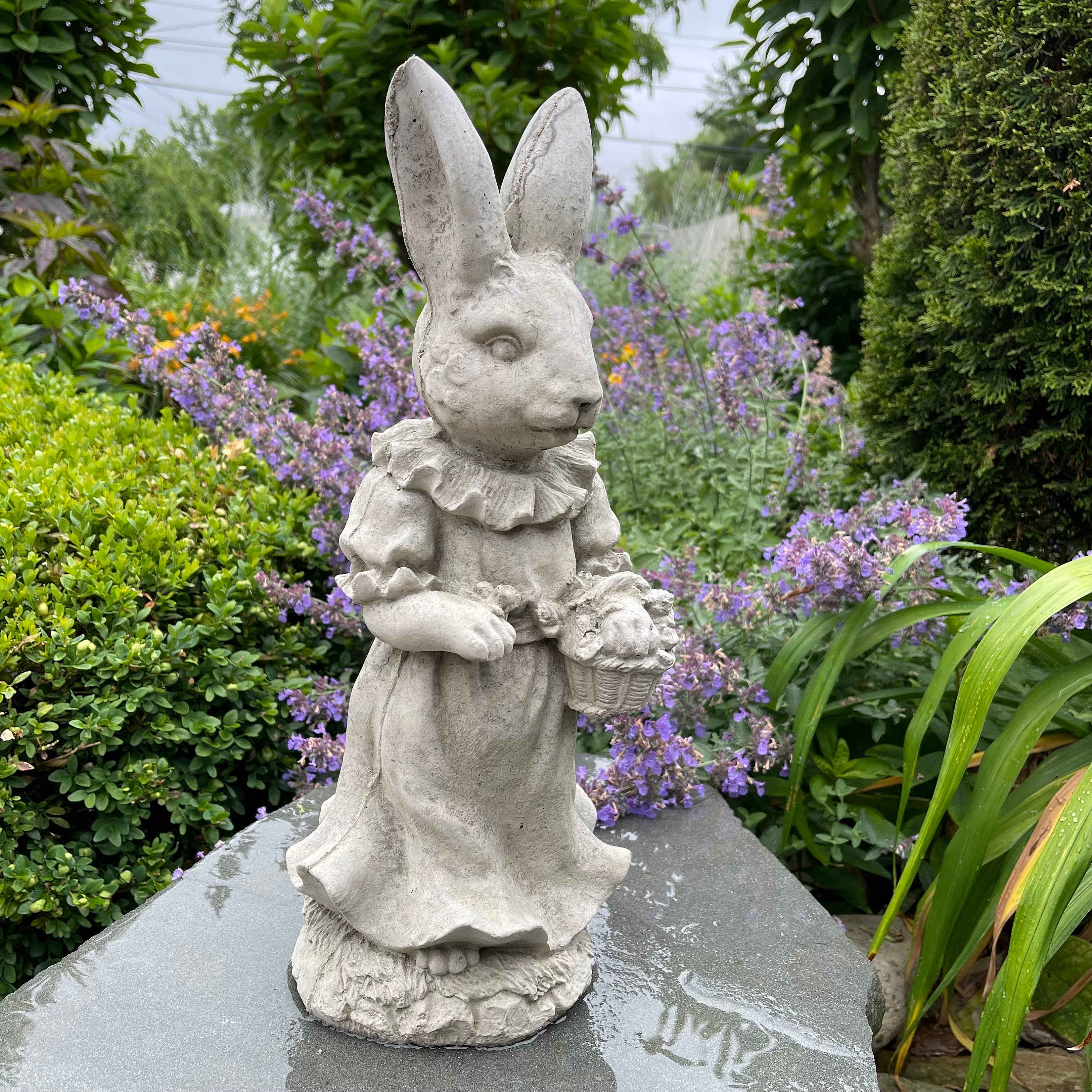 Large Lily Bobtail Concrete Rabbit Garden Statue 17"